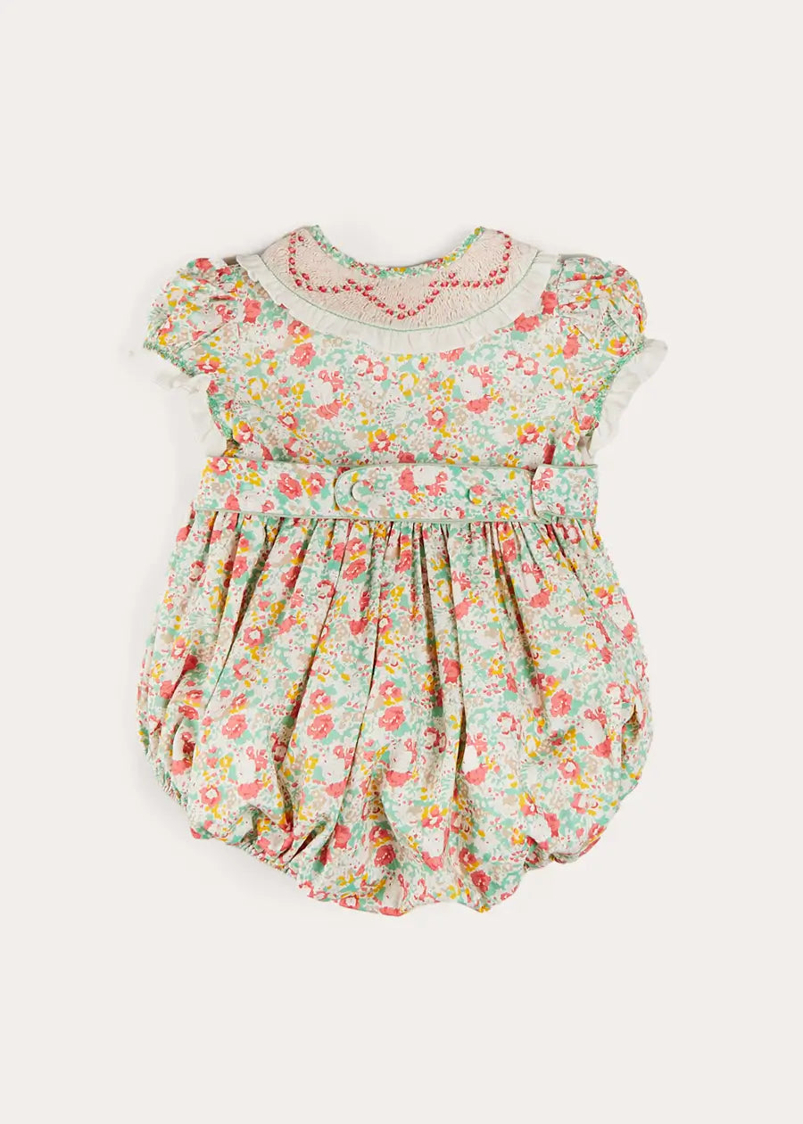Clementine Floral Hand Smocked Double Breasted Short Sleeve Baby Romper in Coral - 6 Months to 3 Years | Perfect for Summer Outfits, Photoshoots & Special Occasions