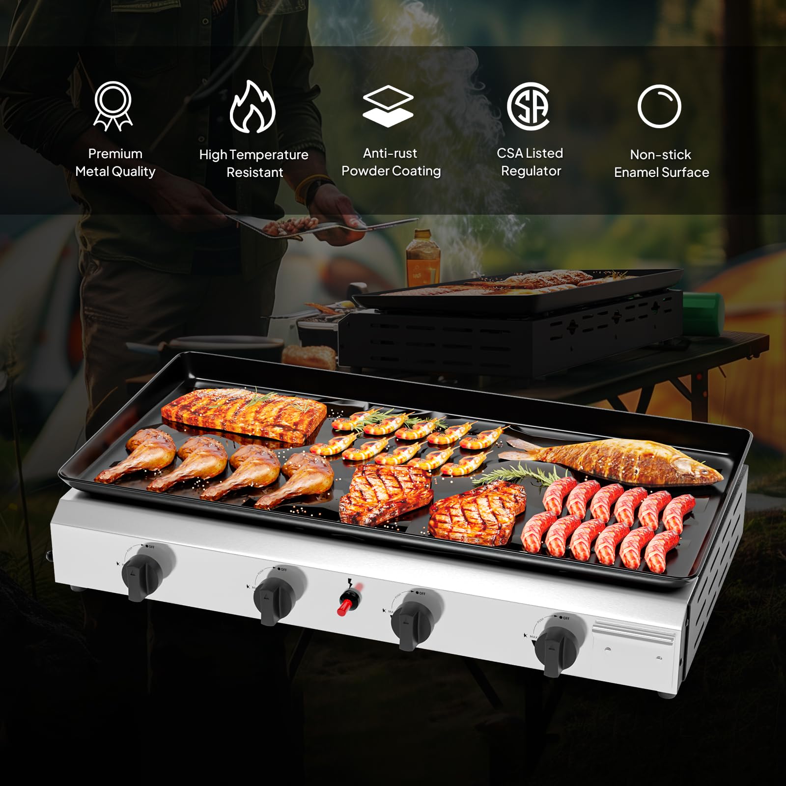 ROVSUN 4 Burner Portable Propane Griddle with Electronic Ignition - 40,000 BTU Tabletop Flat Top Gas Grill with Nonstick Enameled Tray & Regulator - Perfect for Outdoor Cooking, Camping, BBQ, Picnics, Tailgating, Backyard Parties and Family Gatherings