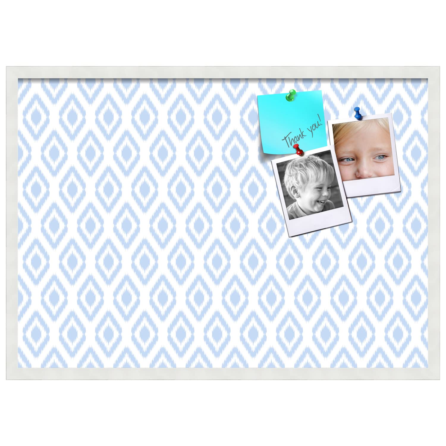 PinPix 34x24 Inch Cork Bulletin Board with Ikat Light Blue Design & Satin White Frame - Decorative Wall Memo Board for Home Office School Classroom Decor - Perfect for Notes, Photos, Reminders and Organization