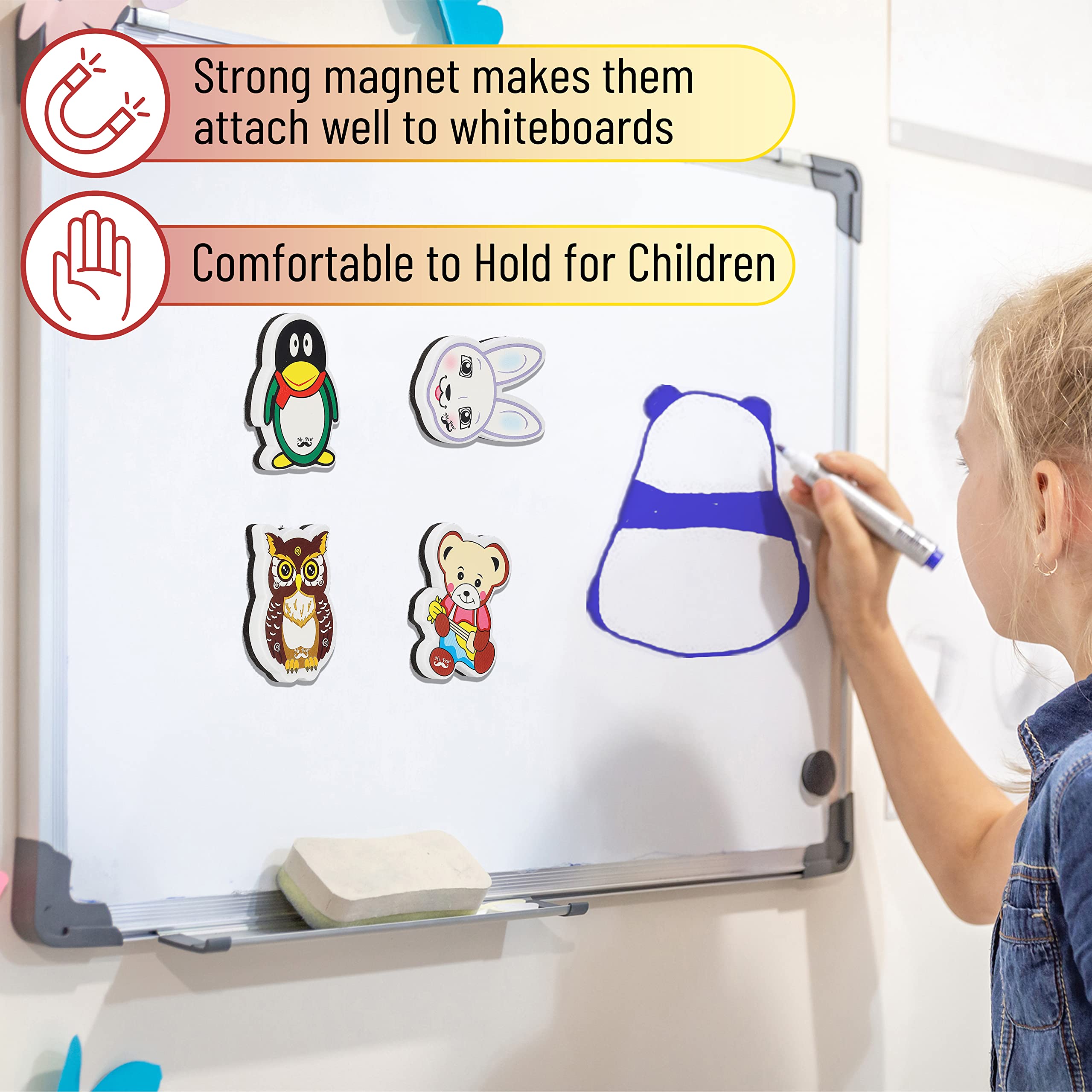 Mr. Pen - 6 Pack Multicolor Magnetic Whiteboard Erasers, Animal & Pen Shaped Foam and Felt Erasers for Classroom, Office, Game Centers - Perfect for Teachers, Students & Kids Learning Activities