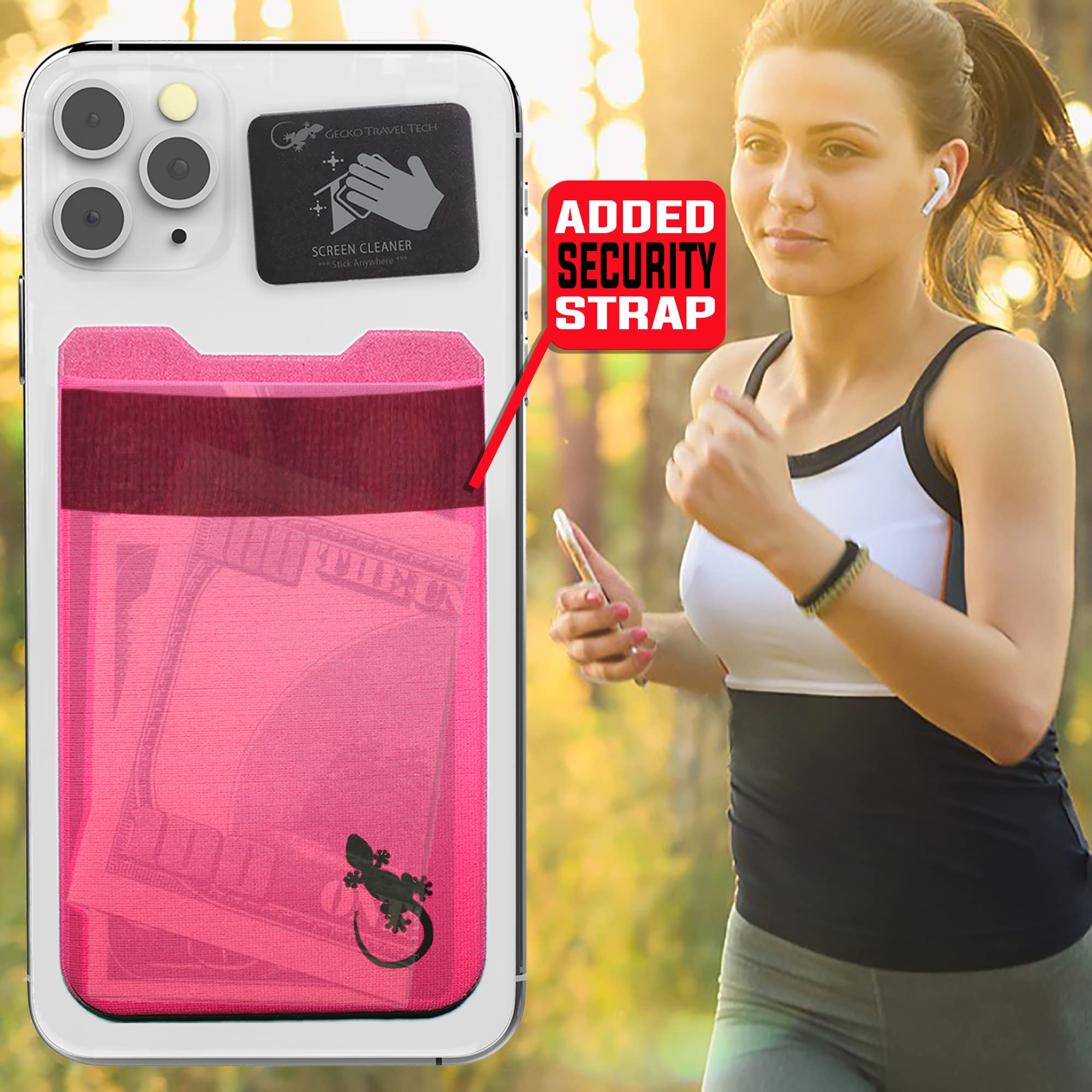 Stick-On Phone Wallet with Adhesive Card Holder - Slim Lycra Pocket for Credit Cards & Cash - Secure Cell Phone Pouch by Gecko - Perfect for Travel, Gym & Everyday Use