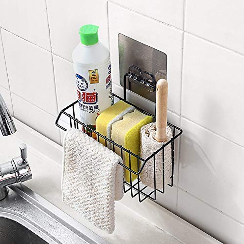 Premium Metal Sink Caddy Organizer - Rustproof Iron Sponge Holder & Drain Rack for Kitchen, Bathroom - Perfect for Brushes, Soap, Dishwashing Liquid, Towels, Shampoo & Cosmetic Bottles (Black) - Space-Saving Storage Solution for Countertops & Sinks