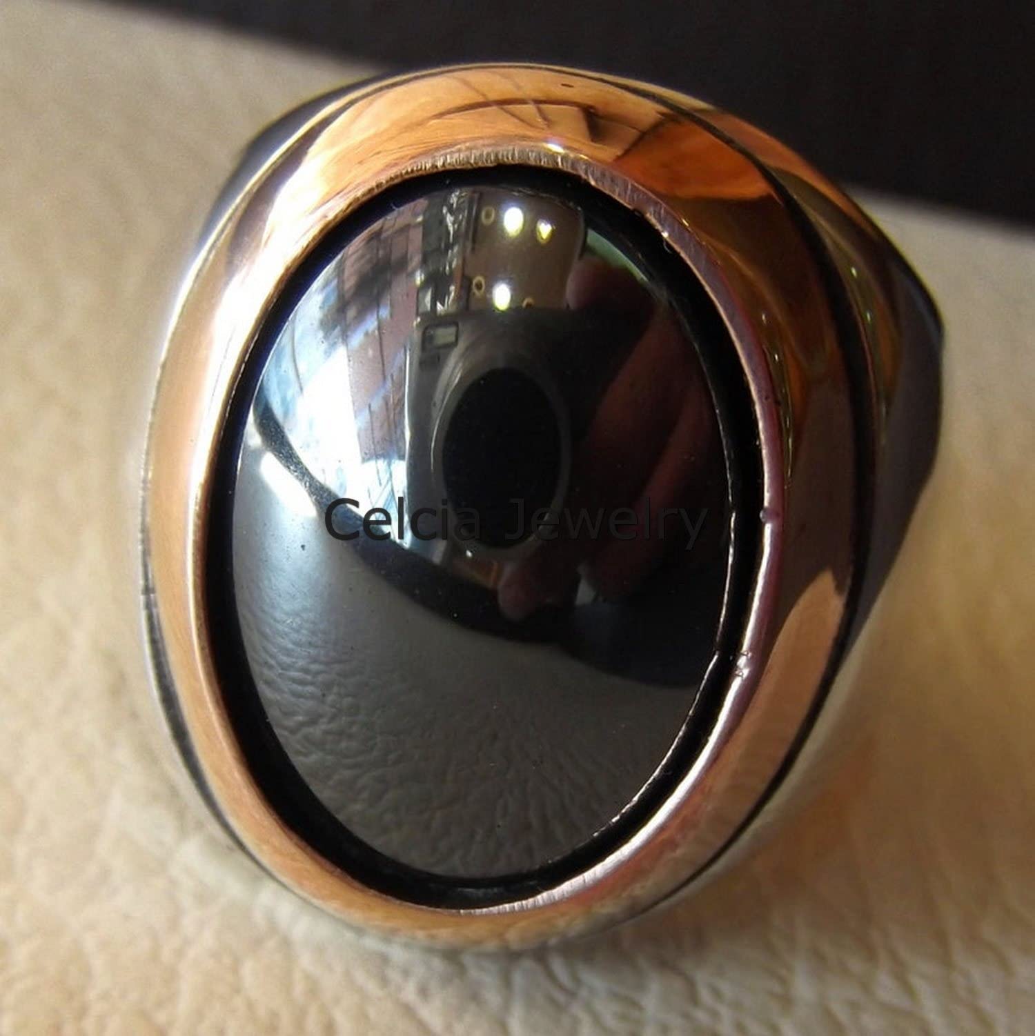 **Genuine Hematite Gemstone Oval Ring for Men - 925 Sterling Silver Handmade Signet Statement Ring - Two-Tone Western Jewelry (Size 7) - Perfect for Gifts, Weddings & Casual Wear**