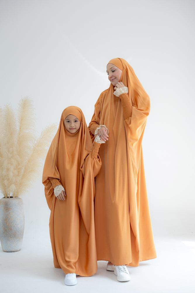 Little Gretaah Khimar Style Prayer Gown for Kids - Orange Islamic Dress with Ribbed Sleeve Cuffs - Perfect for Eid, Mosque & Religious Ceremonies