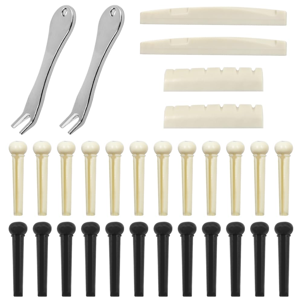 30-Piece Guitar Accessory Kit with 24 Bridge Pins, 4 Saddles & Nuts, 2 Pin Pullers - Premium Guitar Peg Replacement Parts for Acoustic & Electric Guitars - Perfect for Guitar Maintenance, Repair & DIY Upgrades
