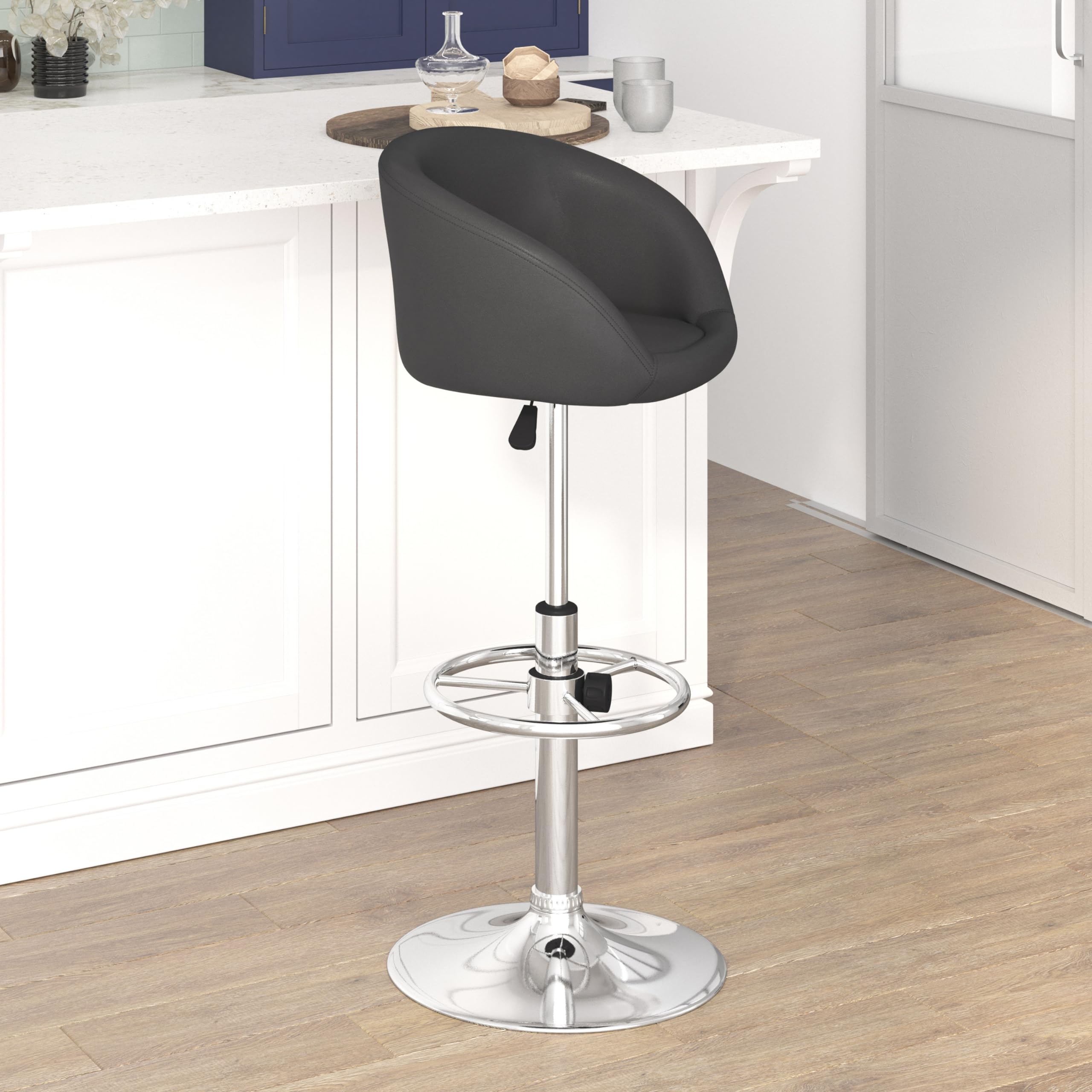 Adjustable Height Black Vinyl Bar Stool with Comfortable Barrel Back - Perfect for Kitchen Islands, Home Bars & Dining Countertops