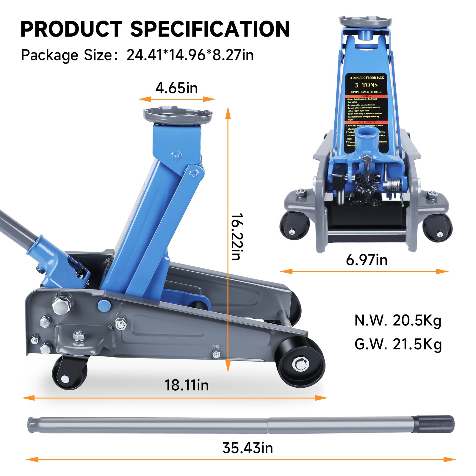 3 Ton Low Profile Floor Jack - Heavy Duty Carbon Steel Hydraulic Car Jack with Wheels (5.31