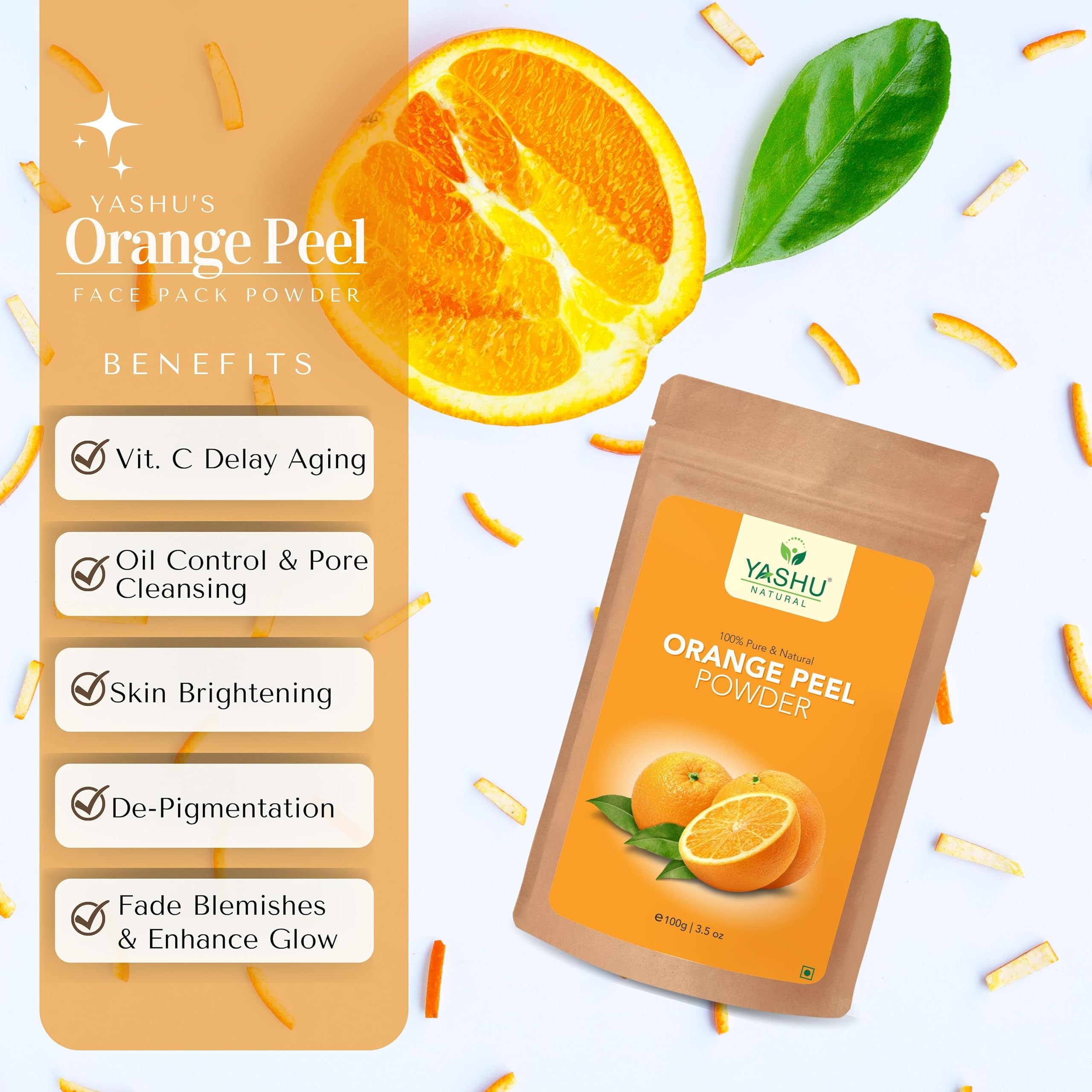 YASHU Pure Organic Orange Peel & Sandalwood Face Powder - Skin Brightening & Glow Treatment | Detan & Even Skin Tone | 200g | Natural Ayurvedic Skincare for Daily Use & Special Occasions