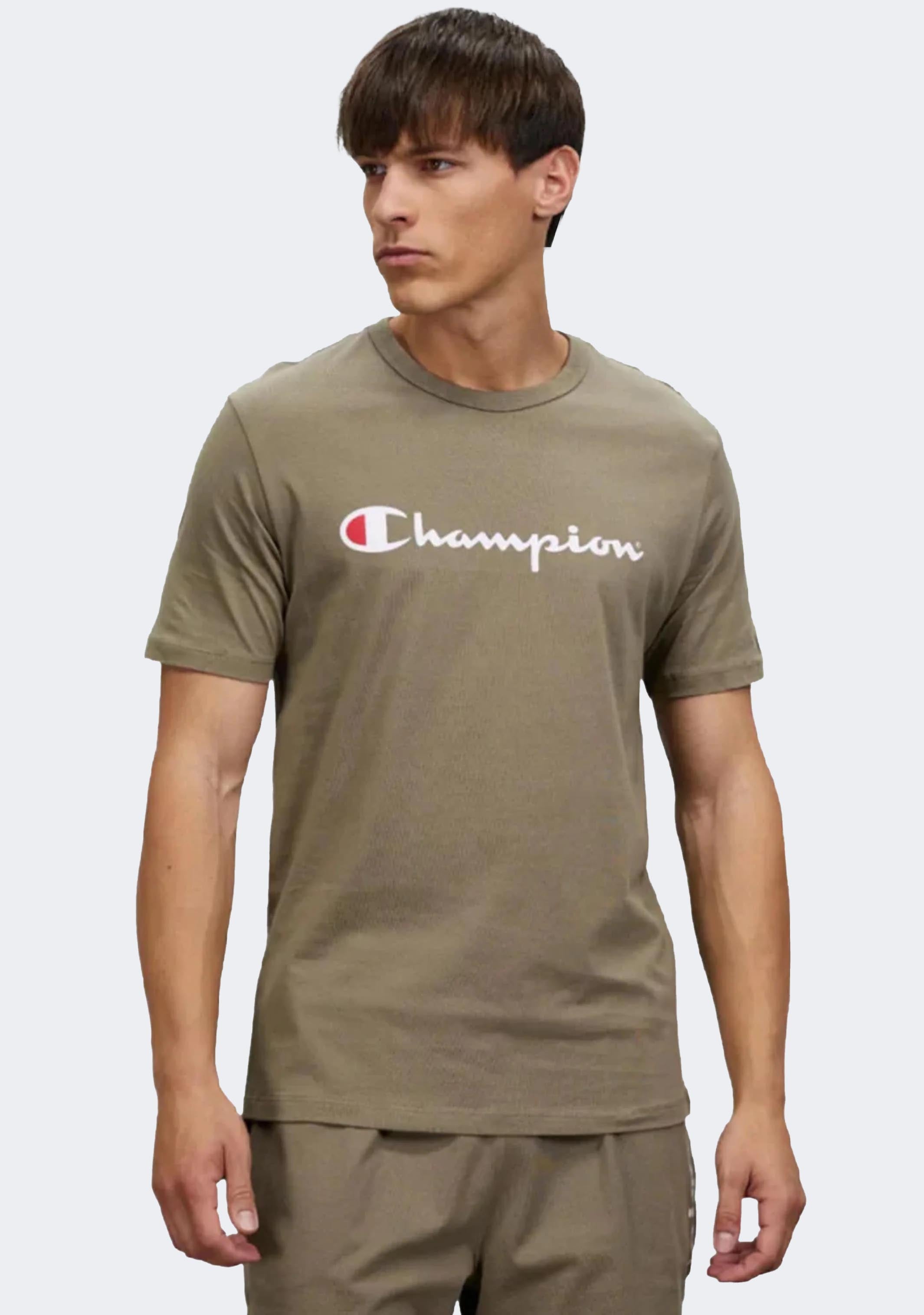 Champion Men's Script Logo Short Sleeve T-Shirt - Soft Cotton Casual Tee in Khaki Green for Everyday Wear & Street Style