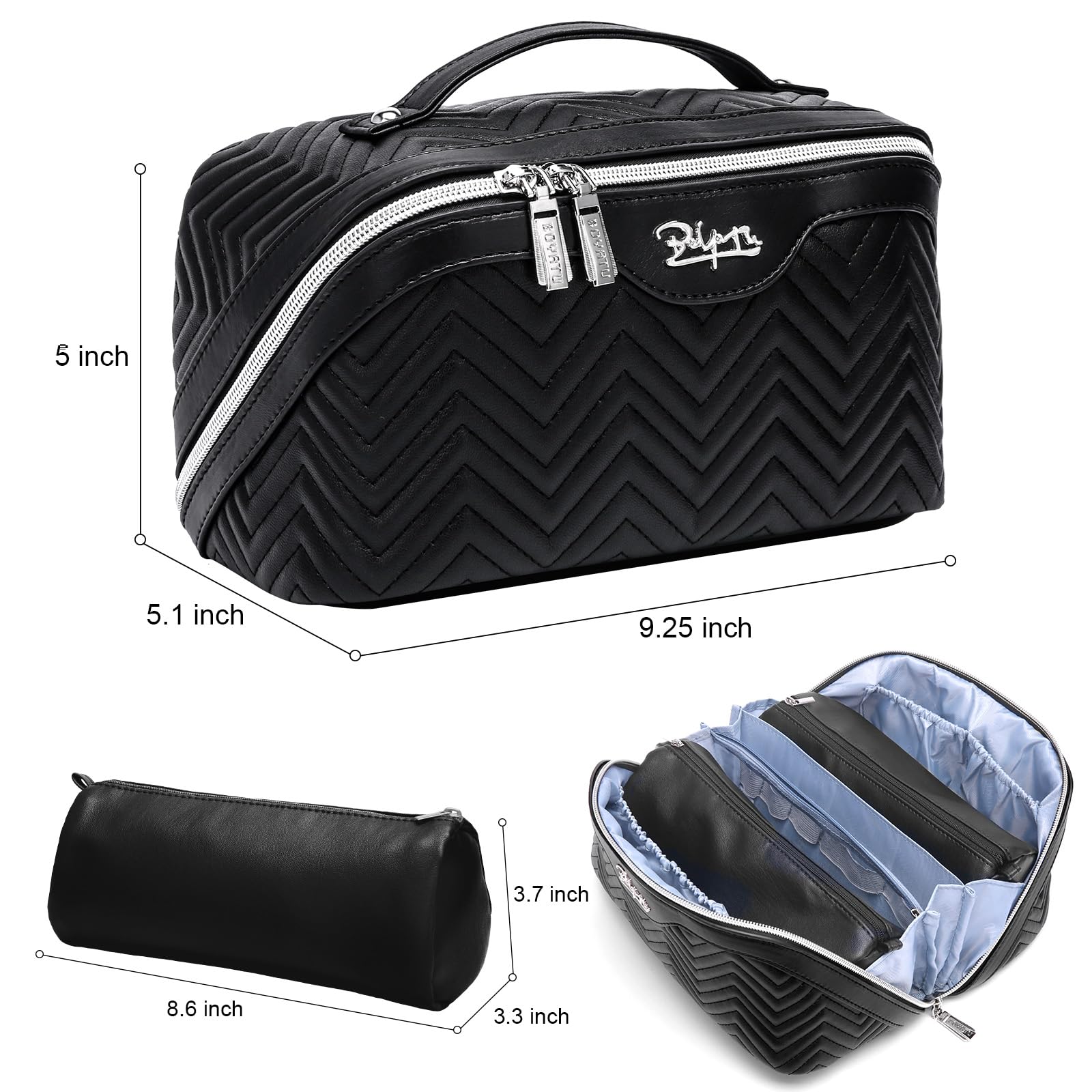 Quilted PU Leather Makeup Bag Set of 3 - Travel Cosmetic Organizer for Women with Compartments, Handle & Divider - Portable Toiletry Bags for Vacation, Gym & Daily Use (14 Inch, Black)