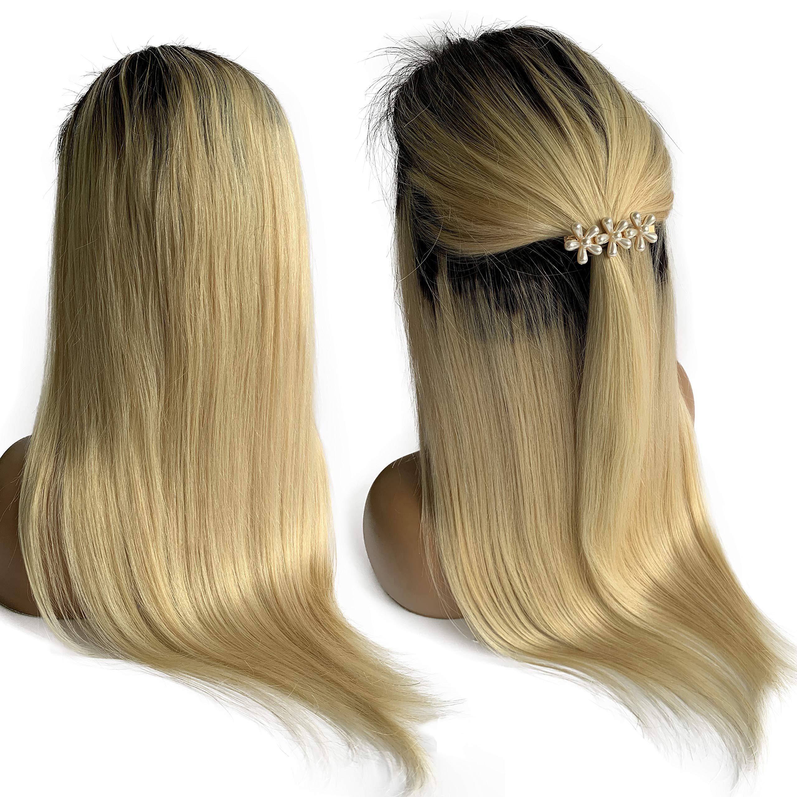 Ombre Blonde Lace Front Wigs 4x4 Closure Brazilian Human Hair #1B/613 Black Roots Remy Hair Wig - Bleached Knots, Pre-Plucked Hairline, 20