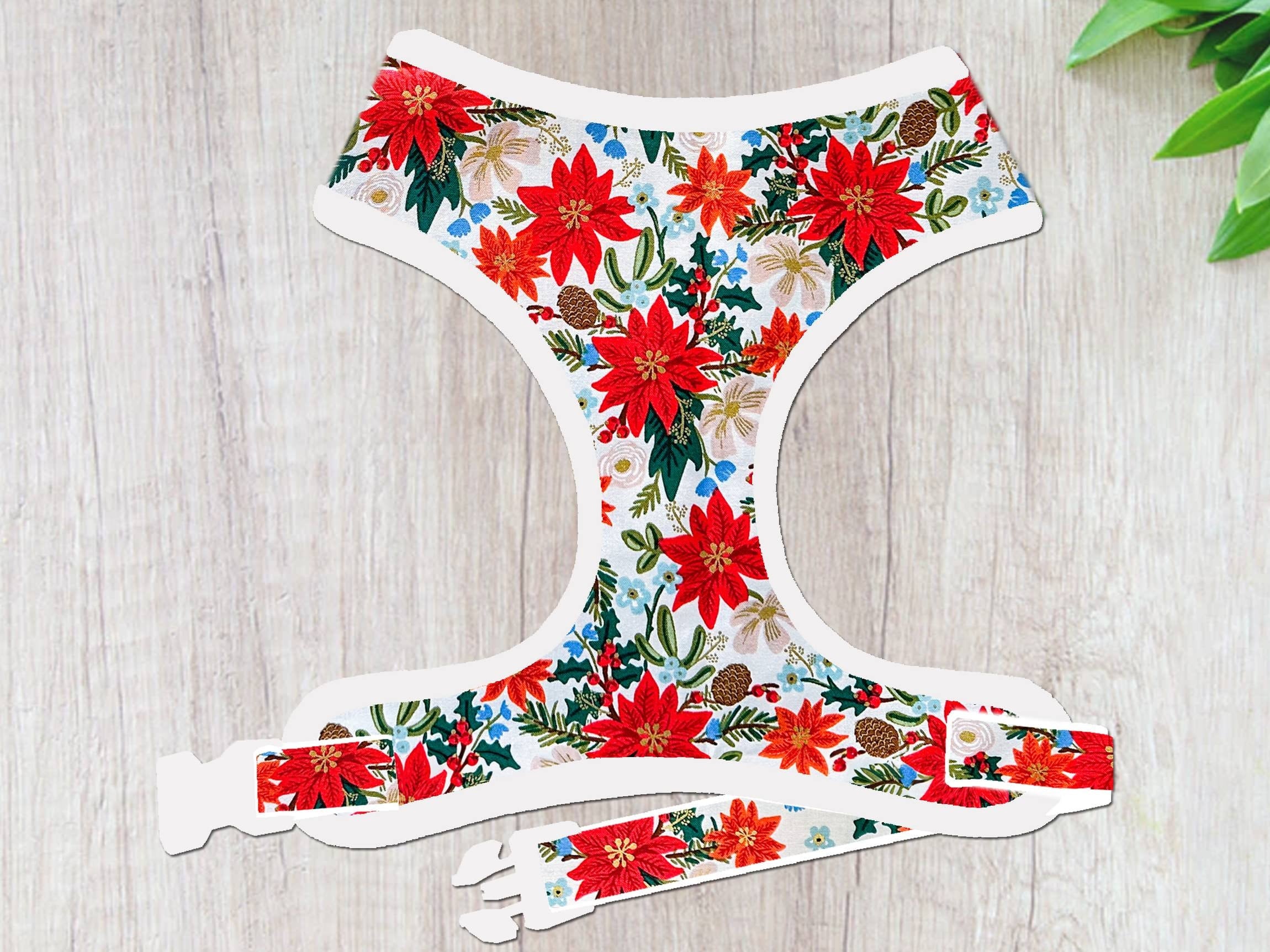 Rifle Paper Co Dog Harness - White Christmas Poinsettia Floral Print Adjustable Pet Harness for Small Medium Dogs - Perfect for Holiday Walks & Festive Outings