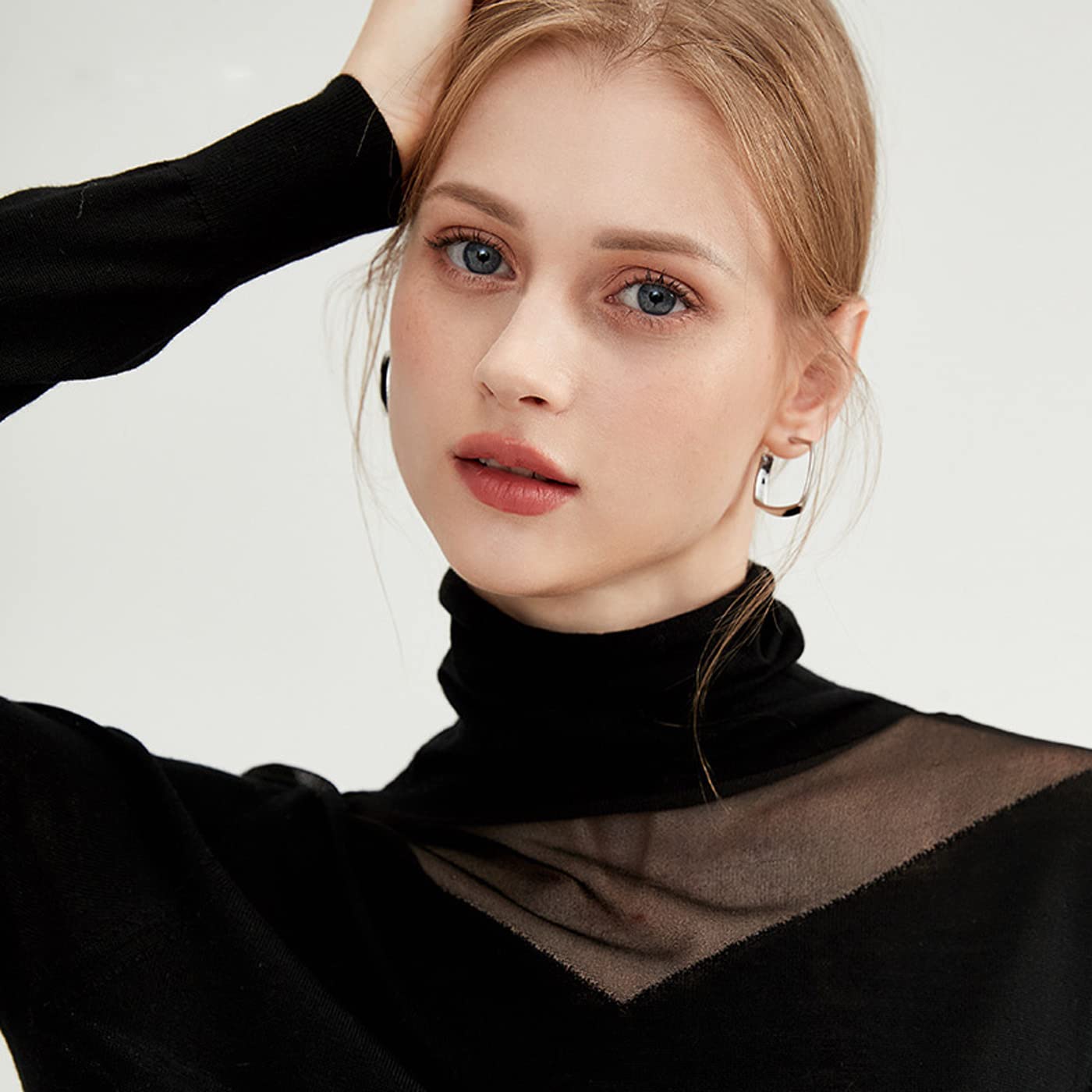 100% Wool Women's Lace High Neck Crewneck Sweater - Long Sleeve Pullover Top (XL, Black) | Warm Winter Fashion for Office & Casual Outfits