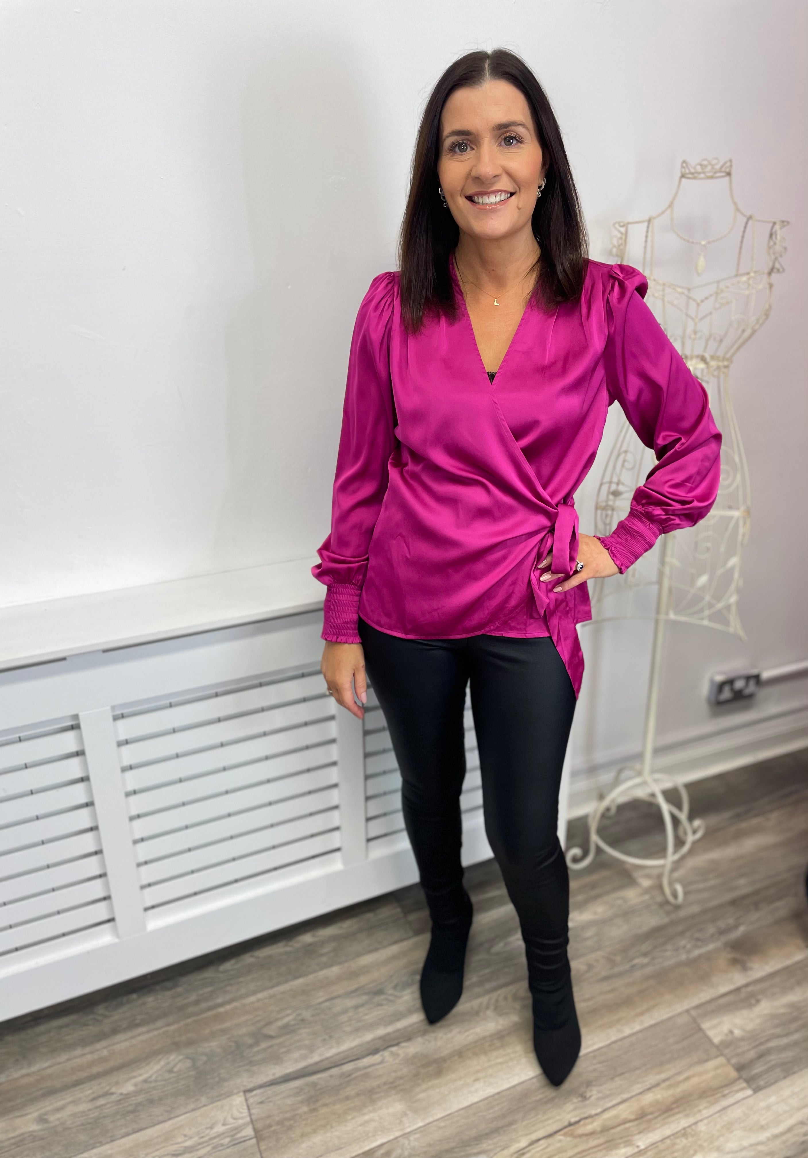 KENZIE Long Sleeve Wrap Top in Festival Fuchsia - Stylish Women's Boho Blouse for Casual Outings & Festivals