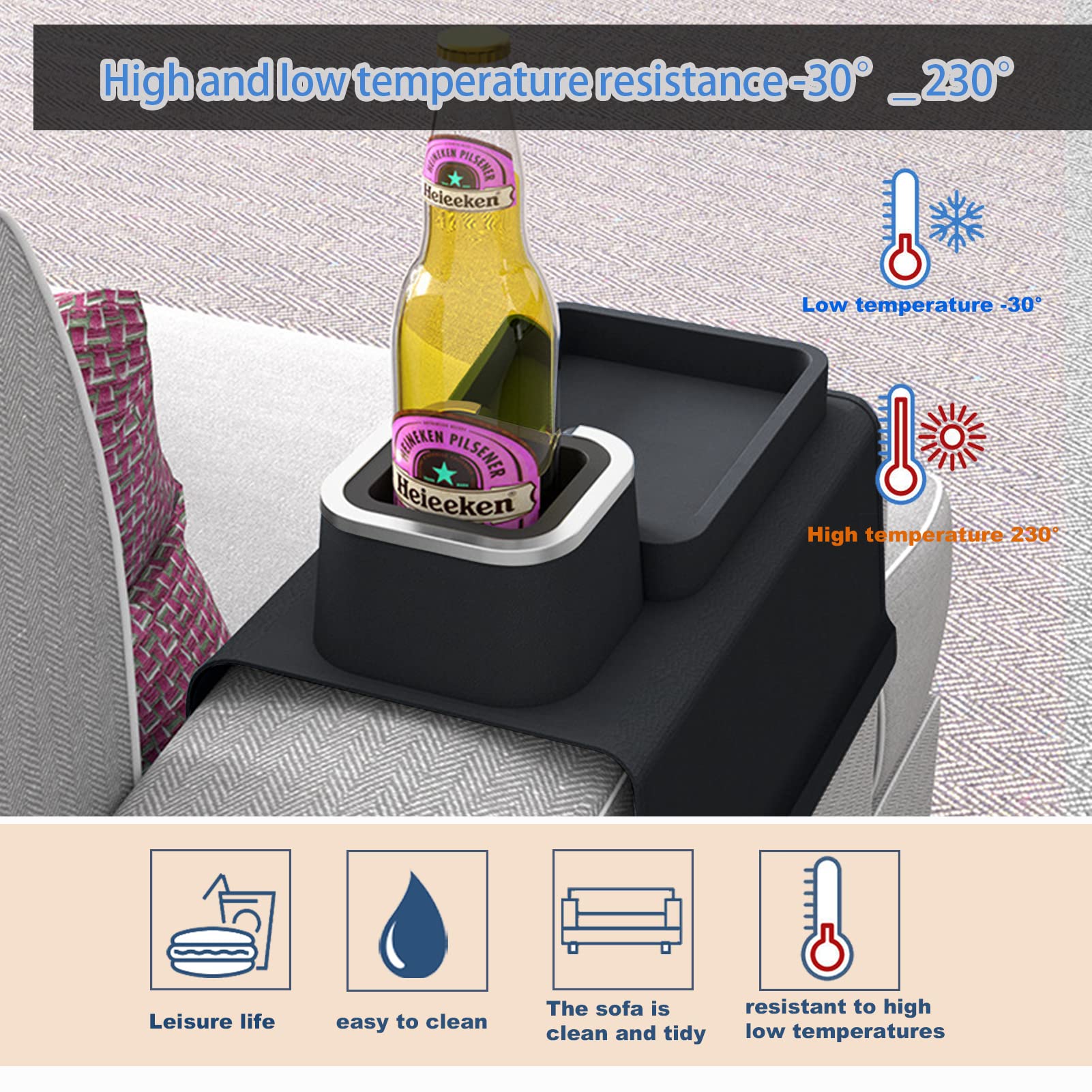 Non-Slip Silicone Armrest Cup Holder Tray - Spill Proof Sofa Couch Tray with Phone & Remote Holder - Perfect for Armchair, Recliner, Bed, Office - Black (Ideal for Watching TV, Gaming & Relaxing)