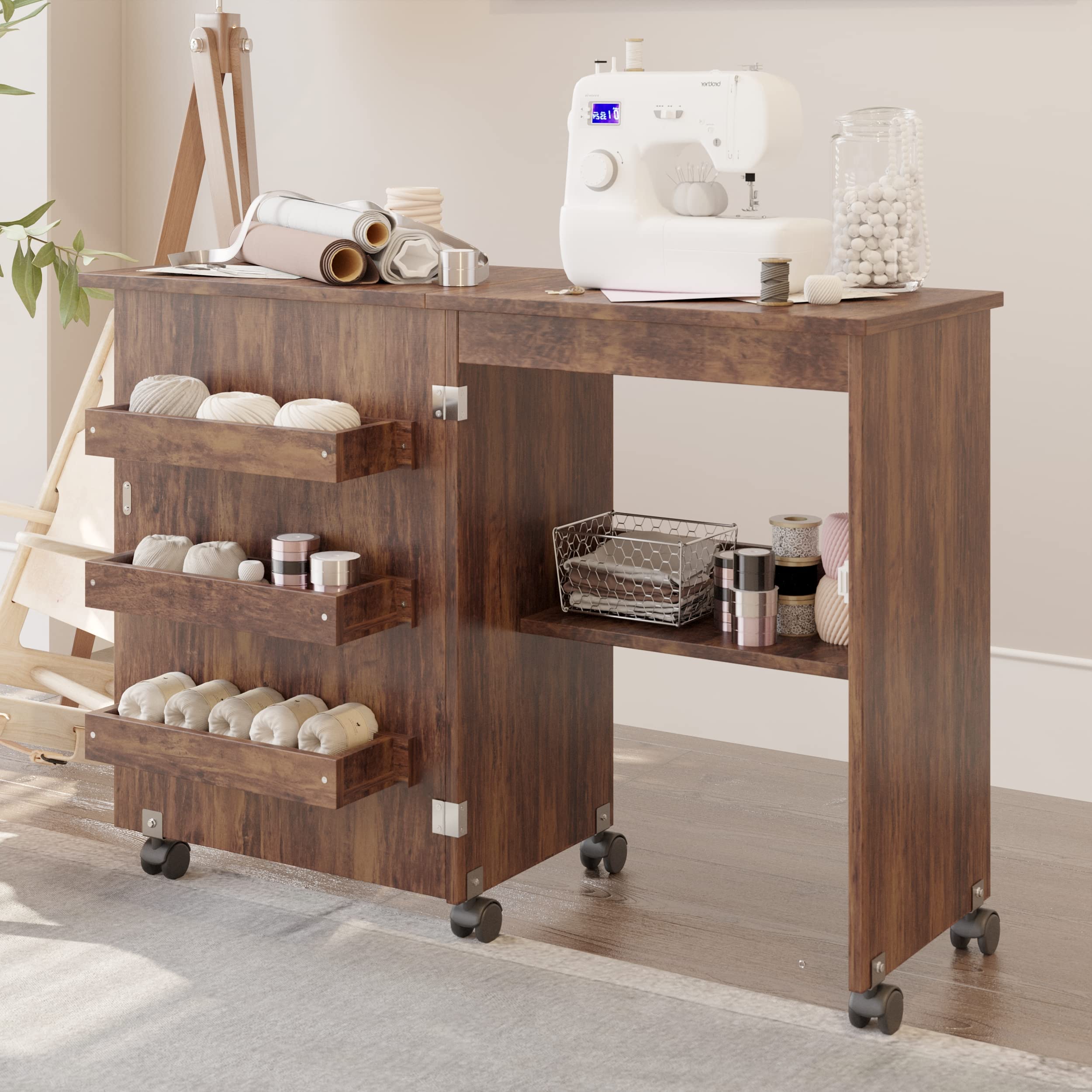 Usinso Folding Sewing Table with Storage Shelves - Multifunctional Rolling Sewing Machine Cart & Craft Cabinet, Portable Lockable Caster Desk for Sewing, Crafting & Computer Work (Rustic Brown) | Perfect for Home Studios, DIY Projects & Small Space Organization