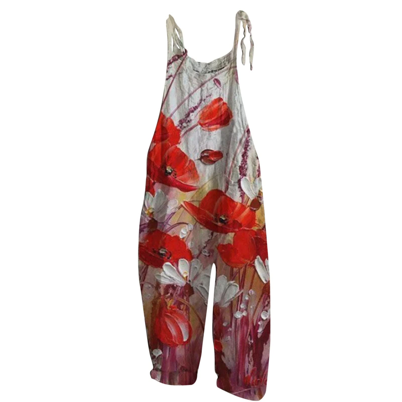Women's Floral Cotton Jumpsuit - Sleeveless Spaghetti Strap Romper with Tie Detail | Casual & Dressy Overalls for Summer, Beach, and Everyday Wear