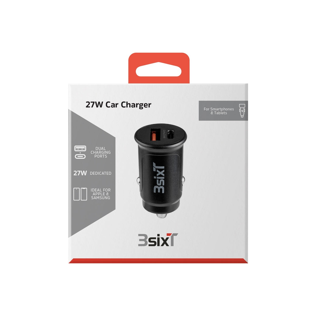 3sixT 27W Fast Car Charger with USB C & USB A QC3.0 - Dual Port Quick Charge for iPhone, Samsung, Android Phones - Perfect for Road Trips & Commuting