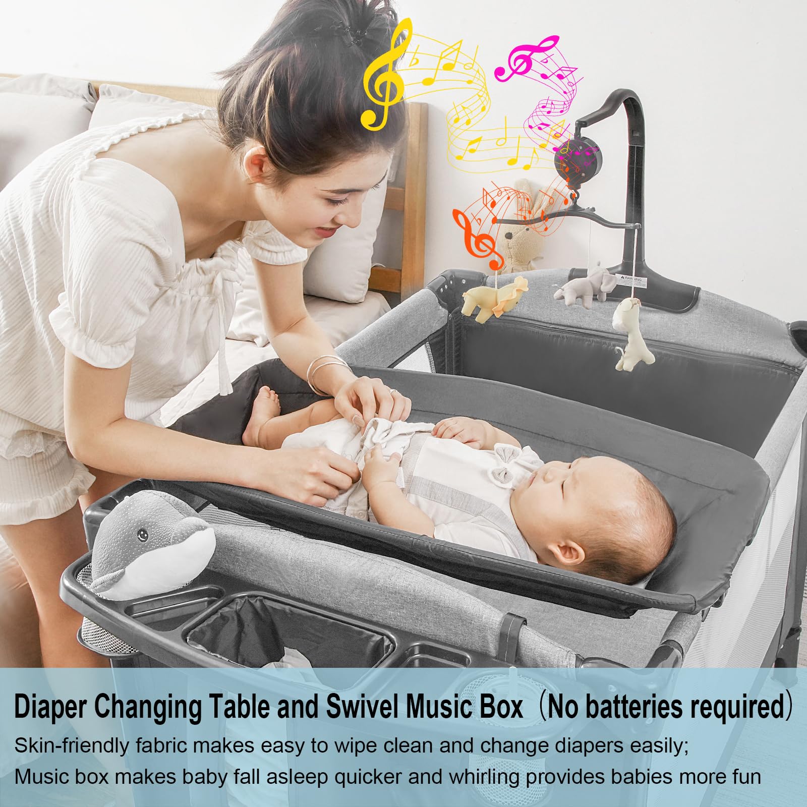 5-in-1 Portable Baby Playard with U-Shaped Diaper Changer & Adjustable Height - Convertible Bassinet Bedside Sleeper for Newborns & Toddlers - Includes Carry Bag for Travel & Nursery Use at Home