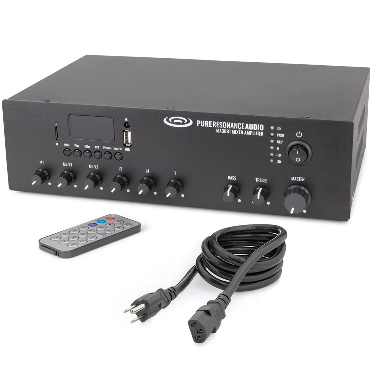 Pure Resonance Audio MA30BT 30 Watt 7-Channel Commercial Mixer Amplifier with Bluetooth - 70V/100V or 4/8/16 Ohm Outputs for Restaurants, Bars, and Retail Stores