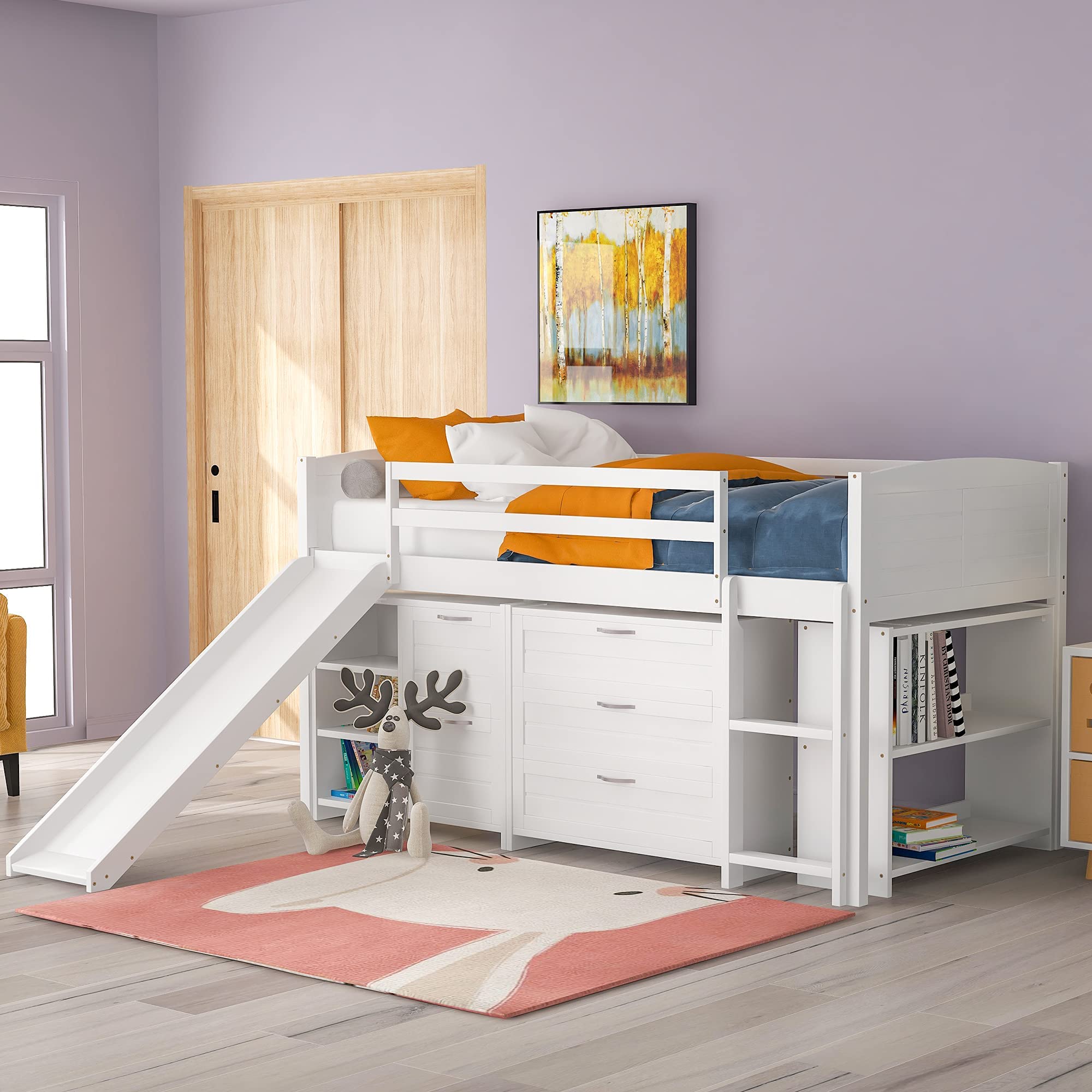 Harper & Bright Designs Solid Wood Low Twin Size Loft Bed with Slide, Drawers & Bookshelf - Kids Cabin Bed Frame for Bedroom or Playroom - Perfect for Small Spaces & Sleepovers (White)