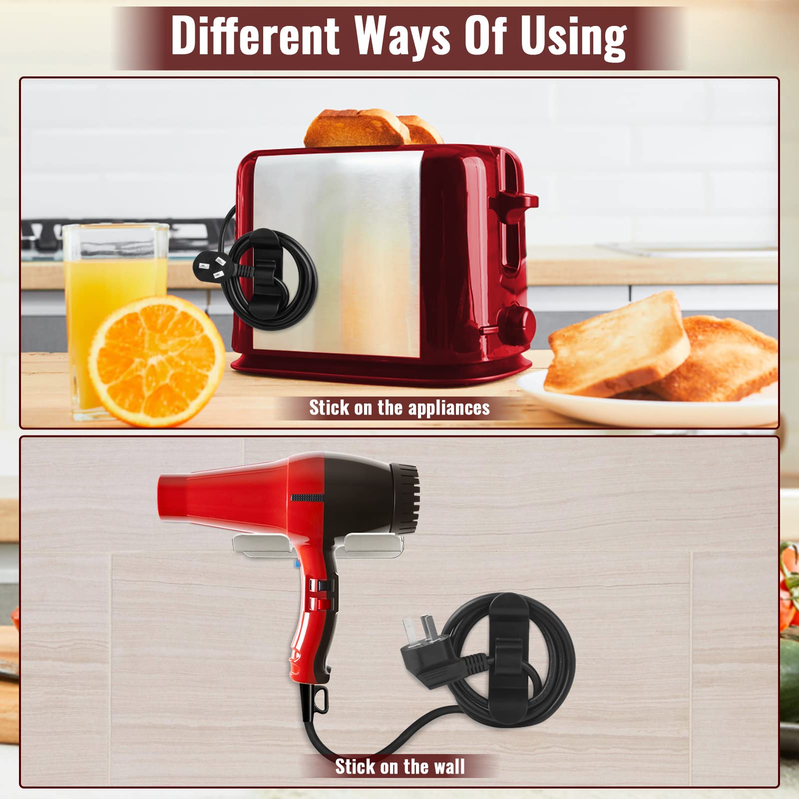 10Pcs Black & White Cord Organizer for Kitchen Appliances - Self Stick Cord Winder & Keeper for Mixer, Coffee Maker, Air Fryer, Pressure Cooker, Toaster - Perfect for Tidy Countertops & Organized Cables