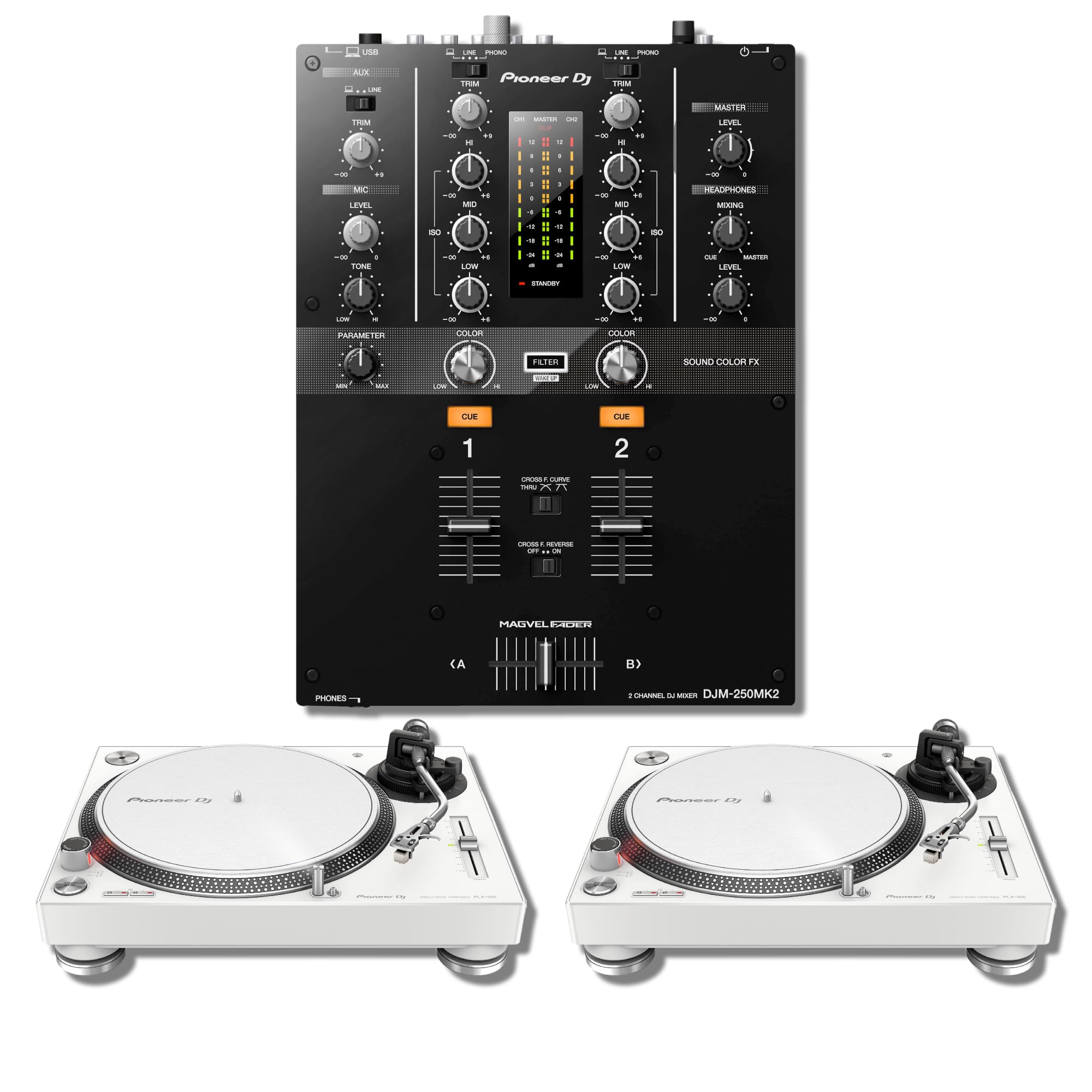 Pioneer DJM-250MK2 Professional 2-Channel DJ Mixer with PLX-500 White Direct Drive Turntables (Pair) - Perfect for Clubs, Home DJing & Music Production