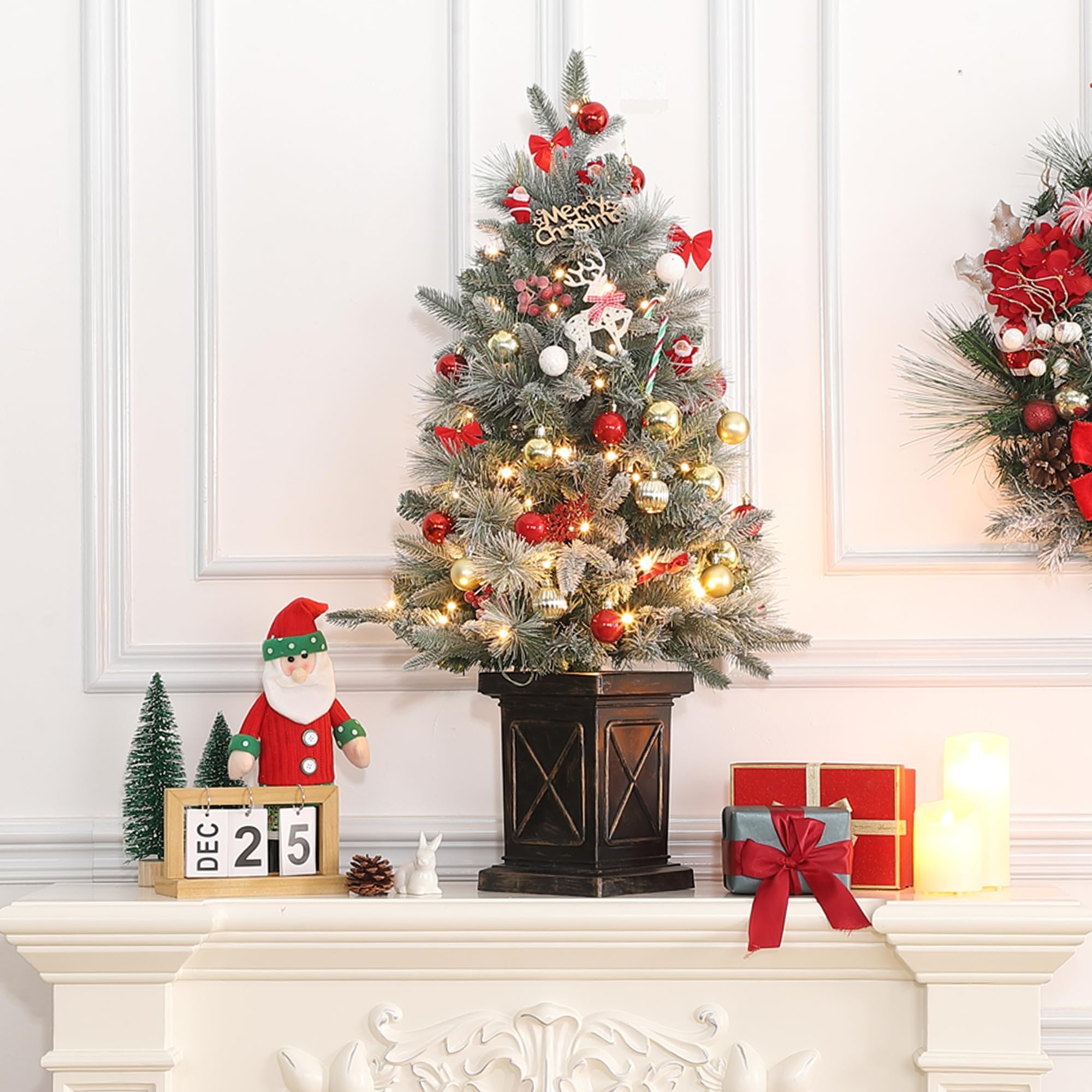 GARVEE 4.5 FT Pre-Lit Snow Flocked Artificial Christmas Tree with 8 Lighting Modes & Warm White LEDs - Mini Pre-Lit Xmas Pine Tree for Home, Office, Indoor & Outdoor Holiday Decor - Perfect for Living Room, Party, Yard & Christmas Decoration (Black Base)
