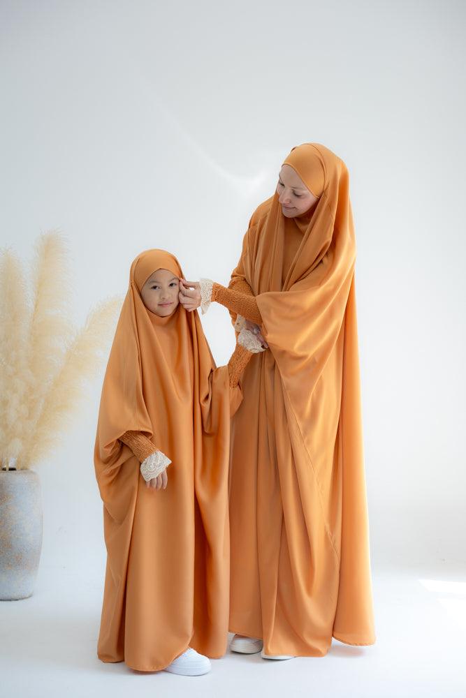 Little Gretaah Khimar Style Prayer Gown for Kids - Orange Islamic Dress with Ribbed Sleeve Cuffs - Perfect for Eid, Mosque & Religious Ceremonies