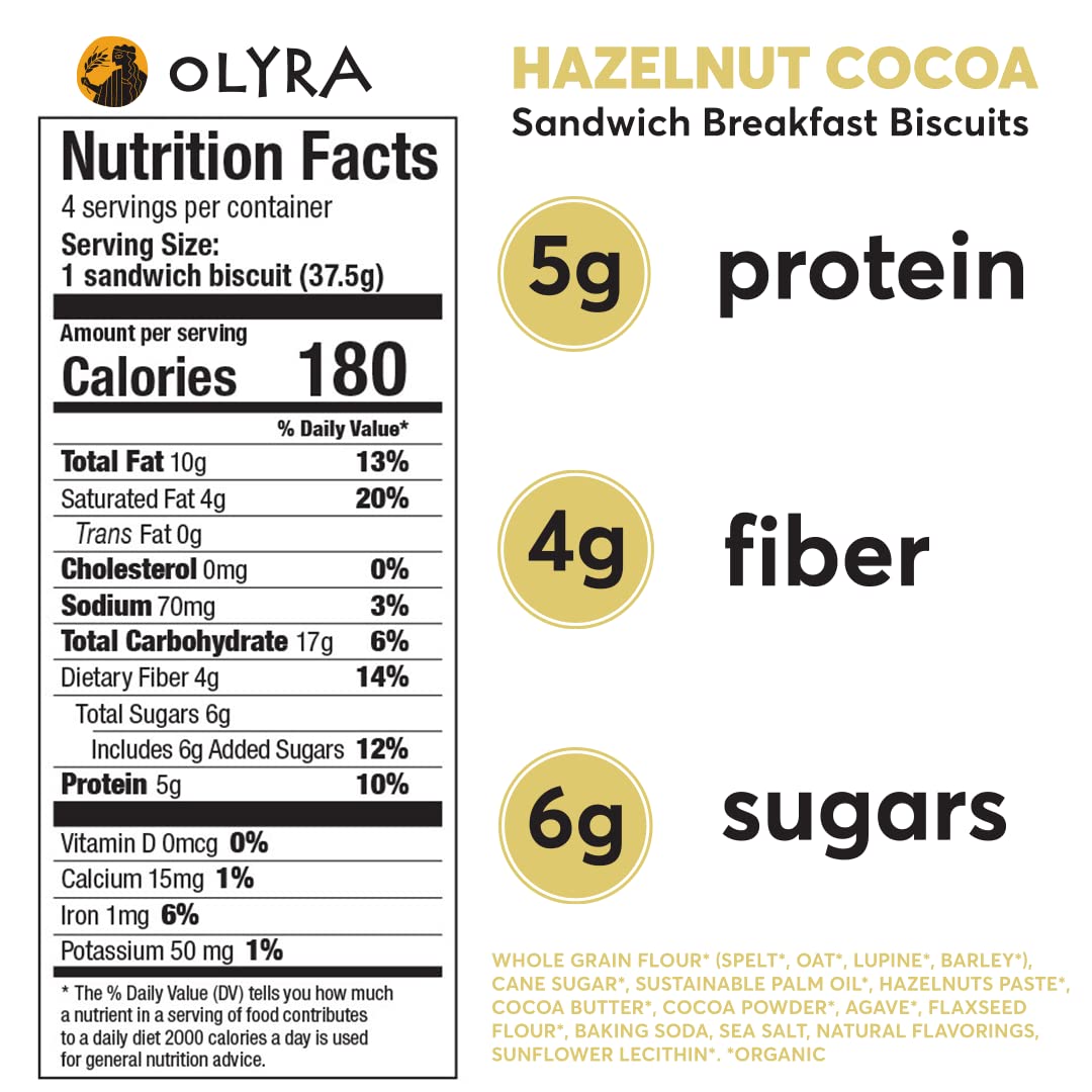 Olyra Organic Breakfast Biscuit Sandwiches with Hazelnut Cocoa - Healthy Low-Sugar High Fiber Snacks for Kids | 4 Pack | Perfect for School Lunches & After-School Treats