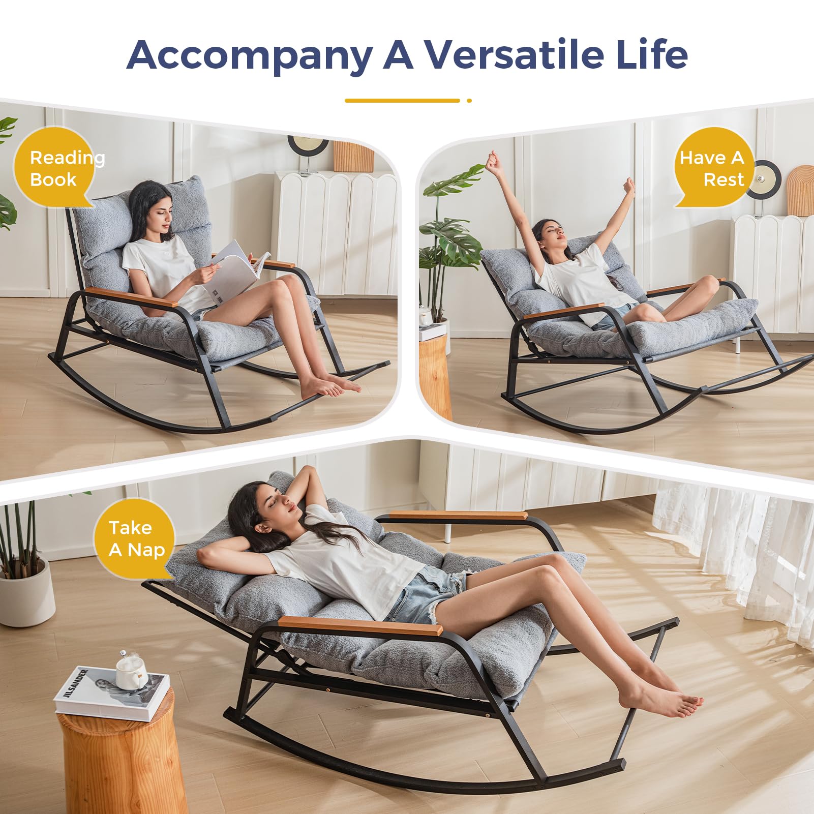 MAXYOYO Boucle Rocking Chair with Adjustable Backrest - Extra Wide Glider Recliner for Living Room, Nursery & Outdoor Use - Soft Grey Fabric - Perfect for Nursing, Relaxing & Reading (Grey)