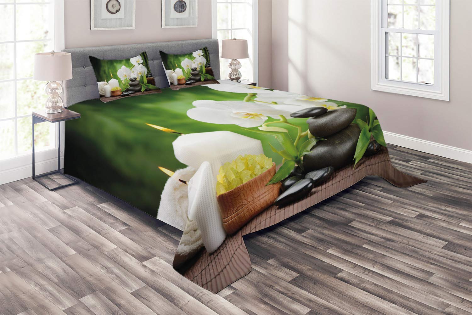 Ambesonne 3-Piece King Size Quilted Bedspread Set with 2 Pillow Shams - Orchid, Candles & Green Plants Stone Pattern in White, Green & Black | Spa-Inspired Luxury Bedding for Master Bedroom, Guest Room & Hotel Decor