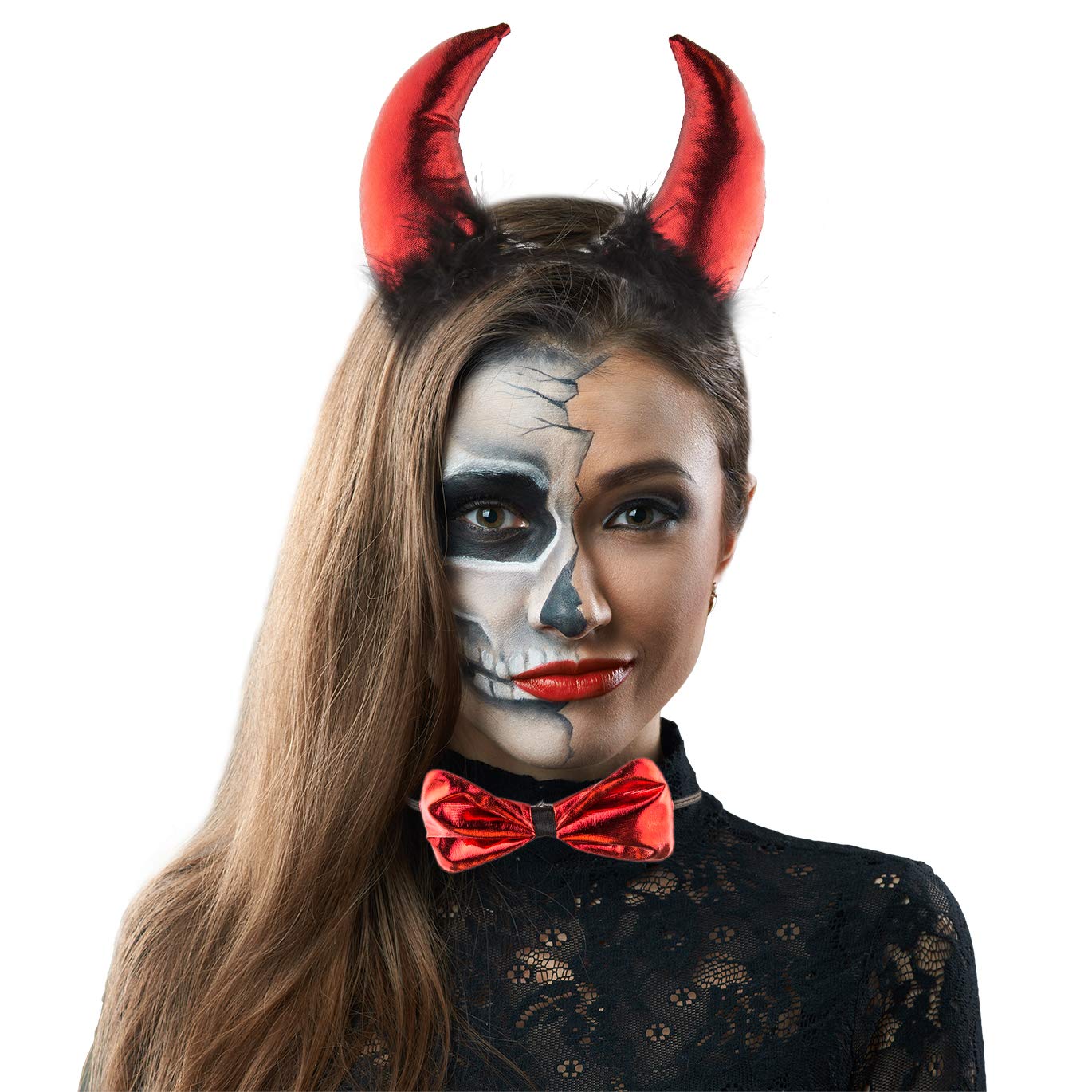 LUX ACCESSORIES Halloween Devil Costume Set - Red & Black Fuzzy Horn Headband, Tail, Pitchfork Accessories for Sexy Cosplay, Party, and Festive Events