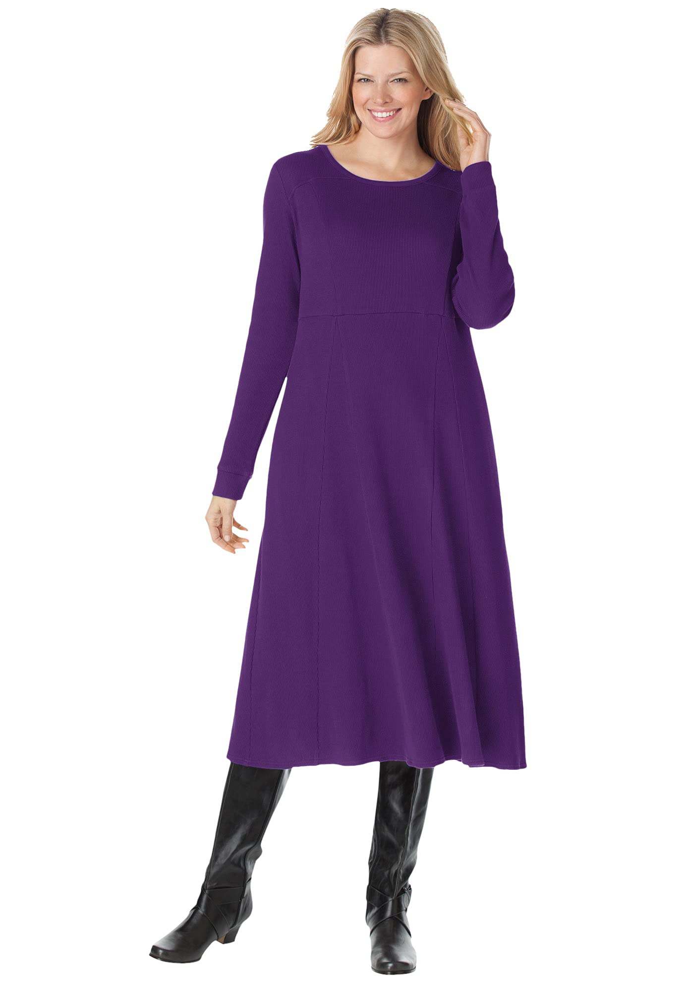 Woman Within Plus Size Thermal Waffle Knit A-Line Dress for Women - Winter Warm Long Sleeve Casual Maxi Dress - Perfect for Holiday Parties, Office Wear & Cold Weather Outfits