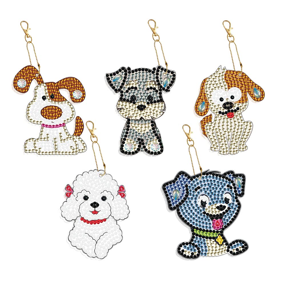 5PCS Puppy 5D Diamond Painting Keychains Kit - Double Sided DIY Full Round Drill Diamond Art for Beginners, Kids & Adults - Cute Animal Pendant for Phone, Bag, Backpack, Gift for Girls Boys Birthday Party Craft