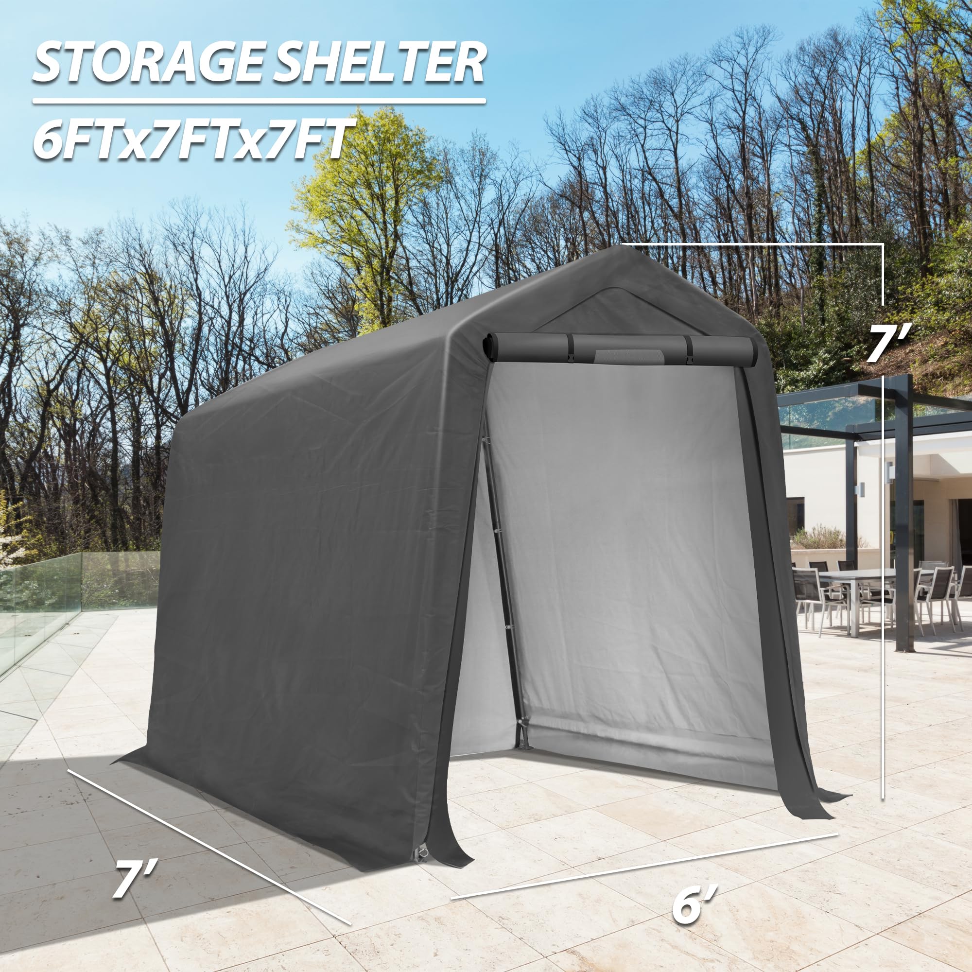 6x7Ft Heavy Duty Waterproof Outdoor Storage Shed - Portable Shelter with Roll-up Ventilated Door for Motorcycle, Firewood & Garden Tools - Perfect for Backyard, Garage & Patio Organization