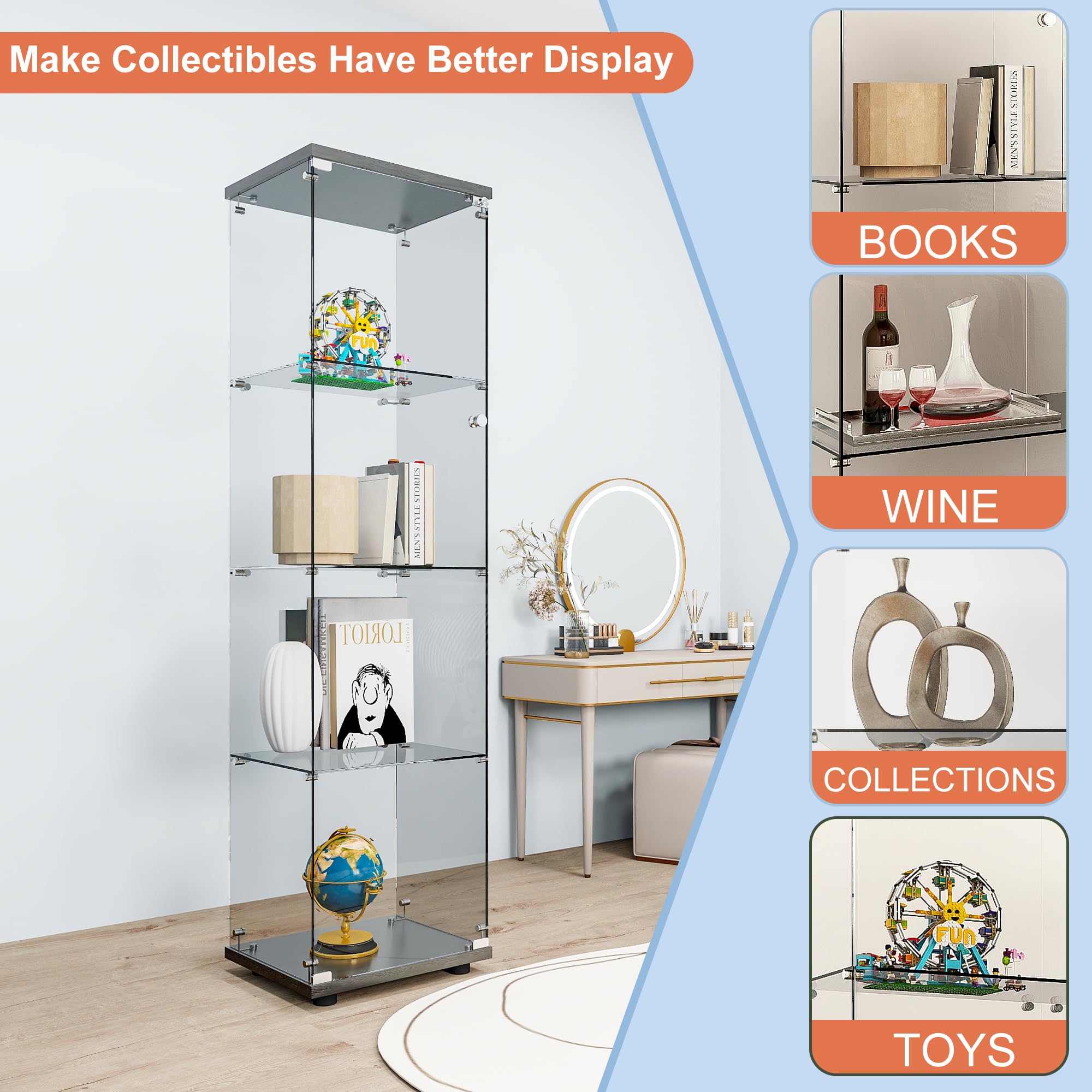 FANYUSHOW 4-Tier Glass Display Cabinet with Tempered Glass Door - Black Curio Cabinet for Collectibles, Home Decor & Retail Store Display (Living Room, Bedroom, Office, Shop)