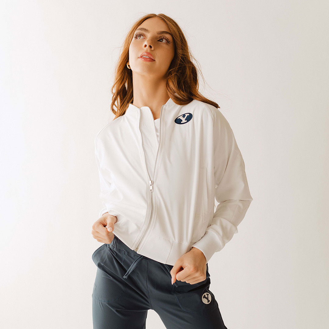BYU Bomber Jacket for Men & Women - Lightweight White Windbreaker Jacket with Zipper Closure - Perfect for Casual Wear, Street Style & Outdoor Activities