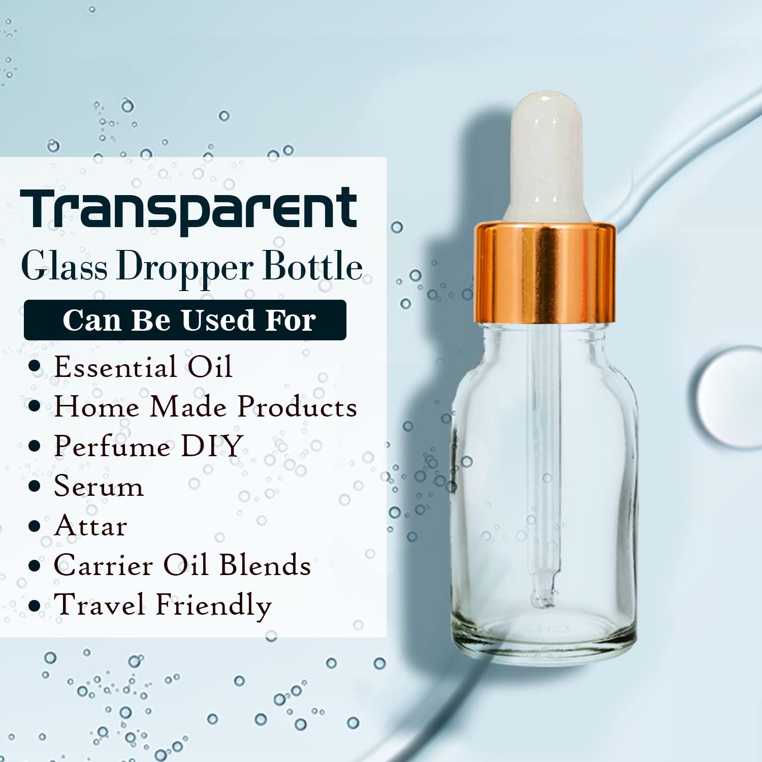 NSB Herbals 15ml Clear Round Empty Glass Bottle with Glass Dropper, Golden Ring & White Silicone Teat - Refillable for Essential Oils, Perfumes, DIY Beauty (Pack of 3) | Perfect for Aromatherapy, Travel & Home Use