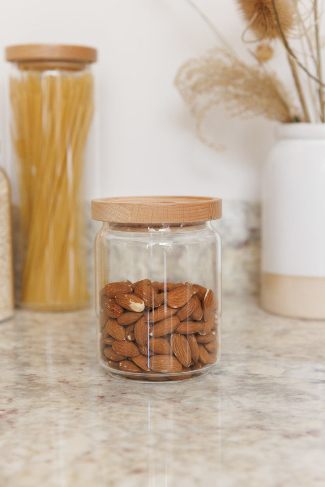 Premium Glass Storage Jars with Airtight Beechwood Lids - Set of 3 for Kitchen Pantry Organization, Coffee Beans, Tea, Spices & Dry Food Storage - Perfect for Home, Restaurant & Coffee Shop Use