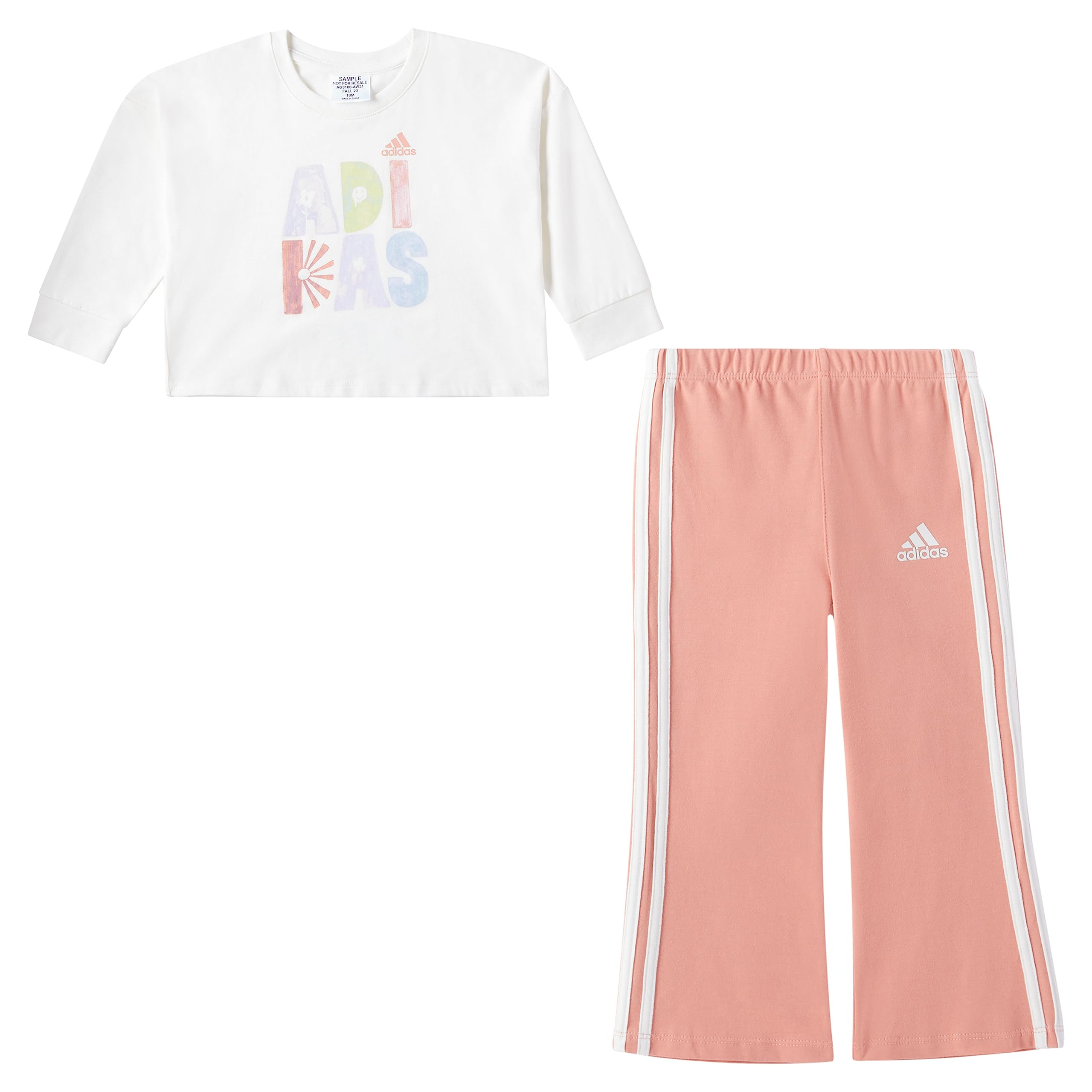 Adidas Girls 2-Piece Long Sleeve Graphic Tee & Flare Pant Set - Chalk White - 12 Months - Cute Outfit for Baby Girls - Perfect for Playdates, Photos & Special Occasions