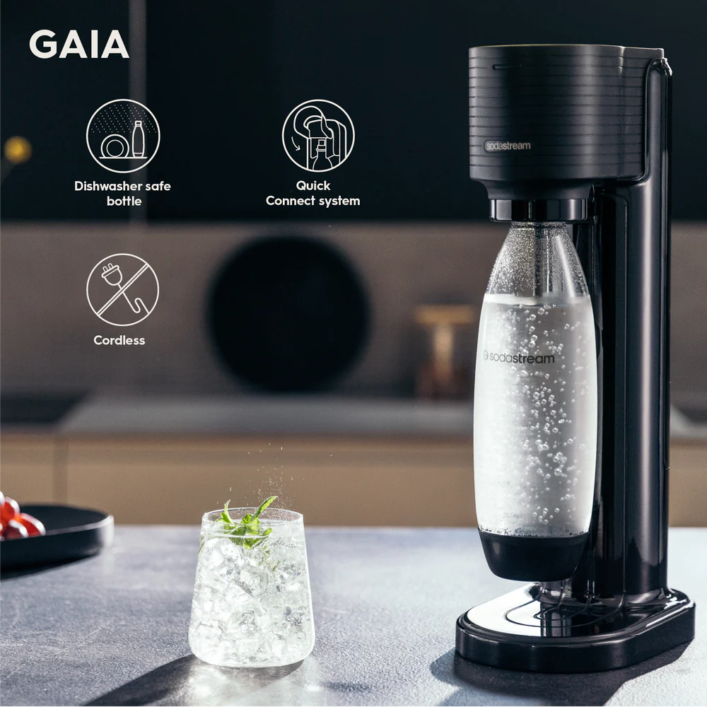 SodaStream Gaia Black Sparkling Water Maker - Countertop Carbonation System for Fresh Homemade Soda & Sparkling Water | Perfect for Kitchen, Office & Home Bar Use