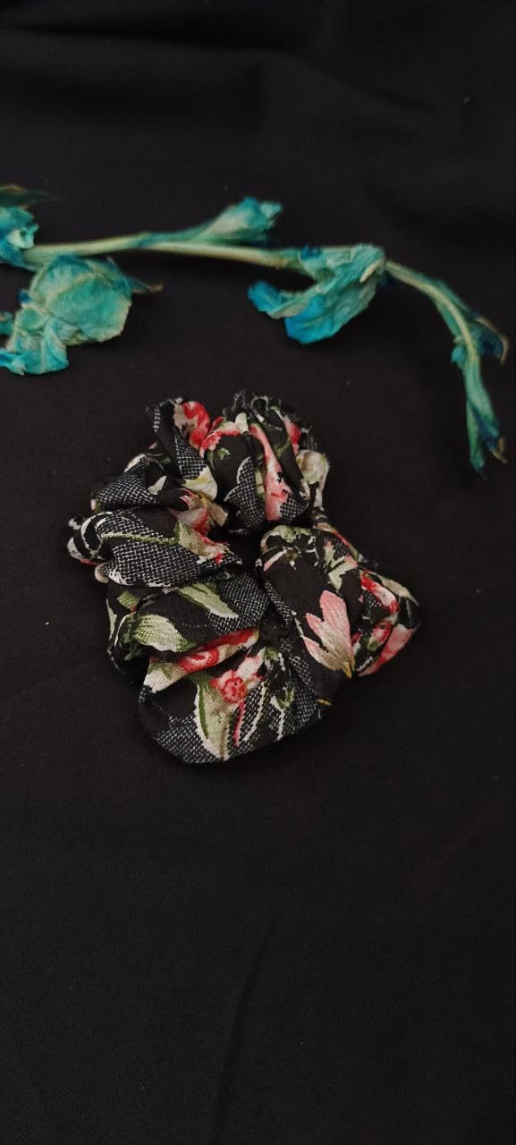 Black Sparrow Floral Print Chiffon Hair Scrunchies - Soft Ponytail Ties for Women & Girls (Pack of 1, Black Green) | Perfect for Parties, Weddings, Work & Everyday Hair Accessories
