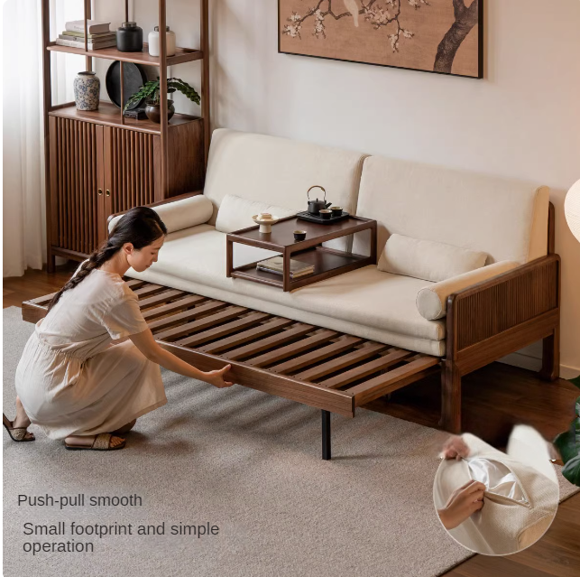 Premium Black Walnut & Oak Solid Wood Foldable Sofa Bed - Convertible Sleeper Couch for Small Spaces, Guest Rooms & Apartments