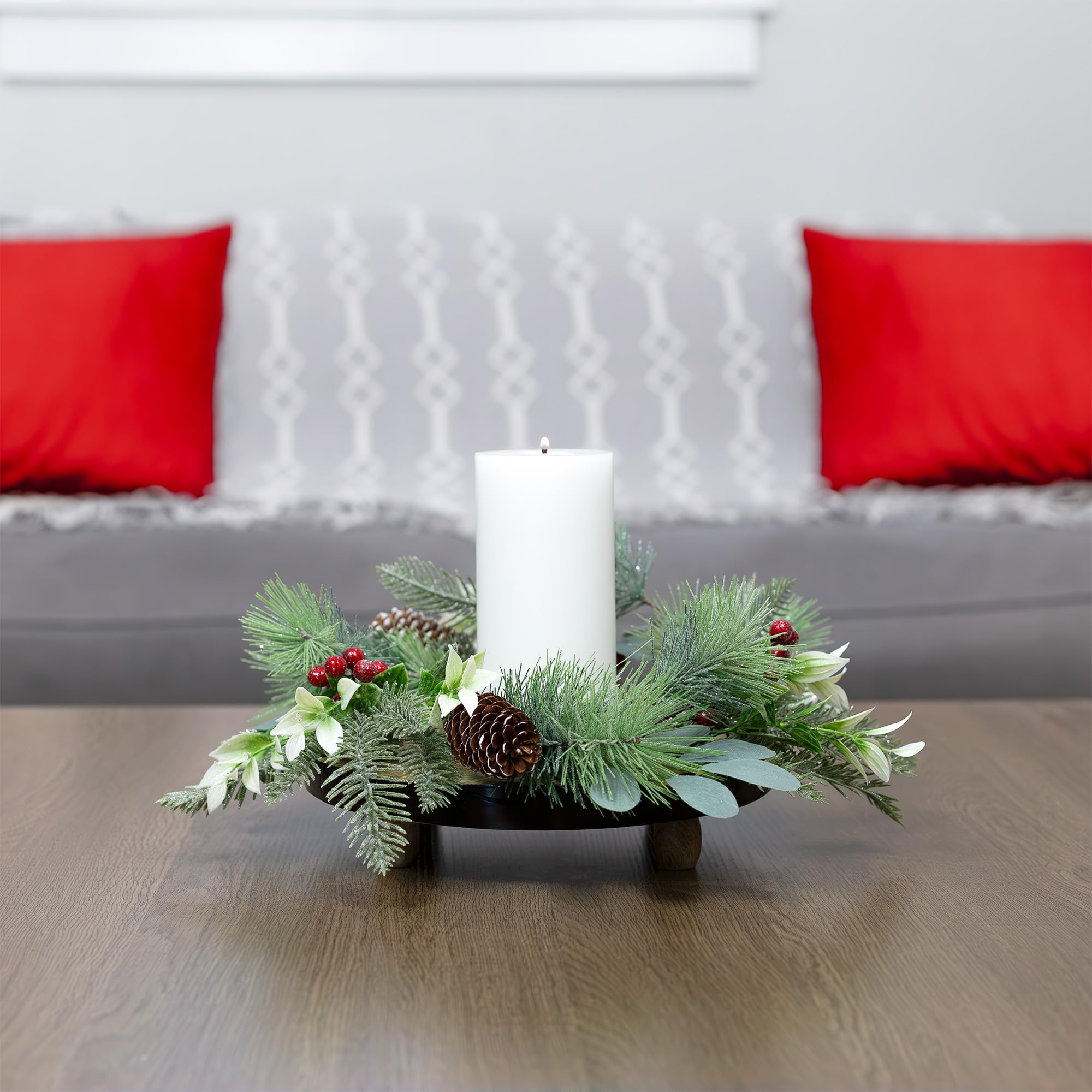 AuldHome Christmas Greenery Candle Wreaths (2-Pack, Evergreen) - Holiday Winter Decorations, Wedding Centerpiece Candle Rings for Fireplace, Table & Door Decor