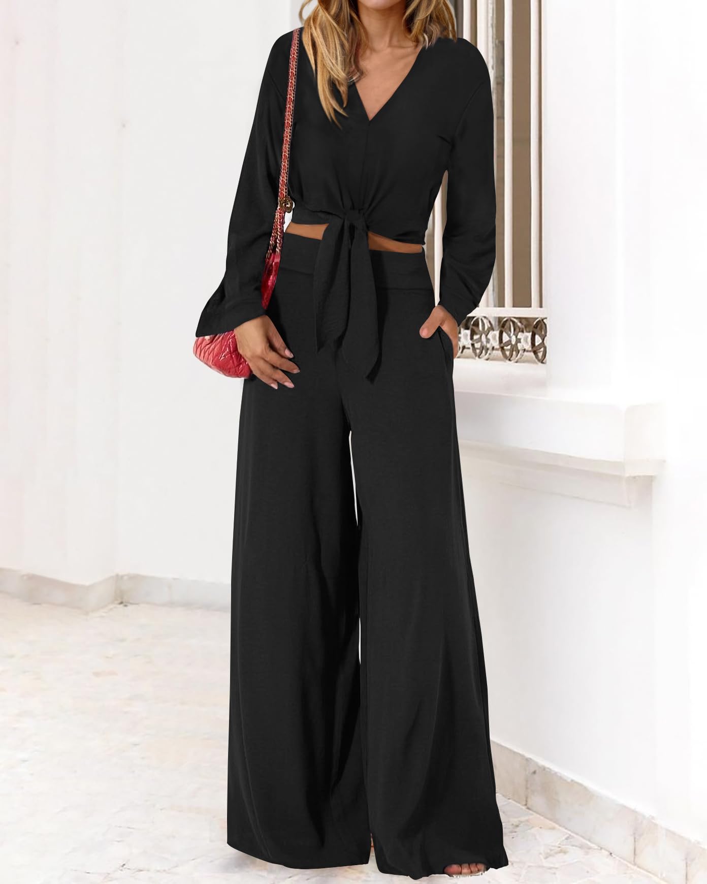 PRETTYGARDEN Women's 2 Piece Outfit Set - 2025 Spring Casual Long Sleeve V-Neck Crop Top & Wide Leg Palazzo Pants | Lounge Wear, Street Style, Office Outfits