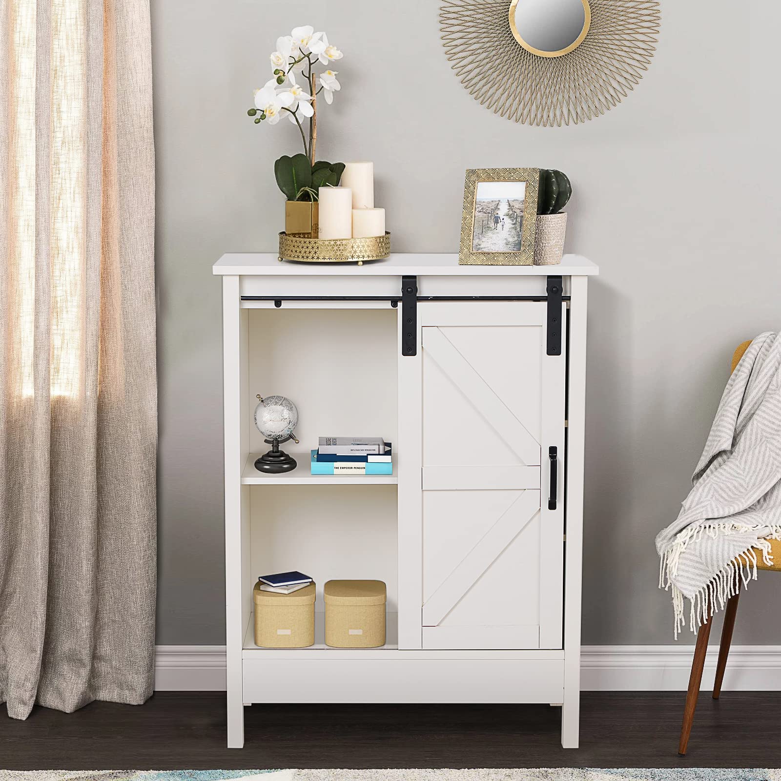 Farmhouse Style Sliding Barn Door Bathroom Floor Storage Cabinet - Creamy White Buffet & Sideboard for Living Room, Kitchen, Bedroom | Rustic Home Organization & Decor