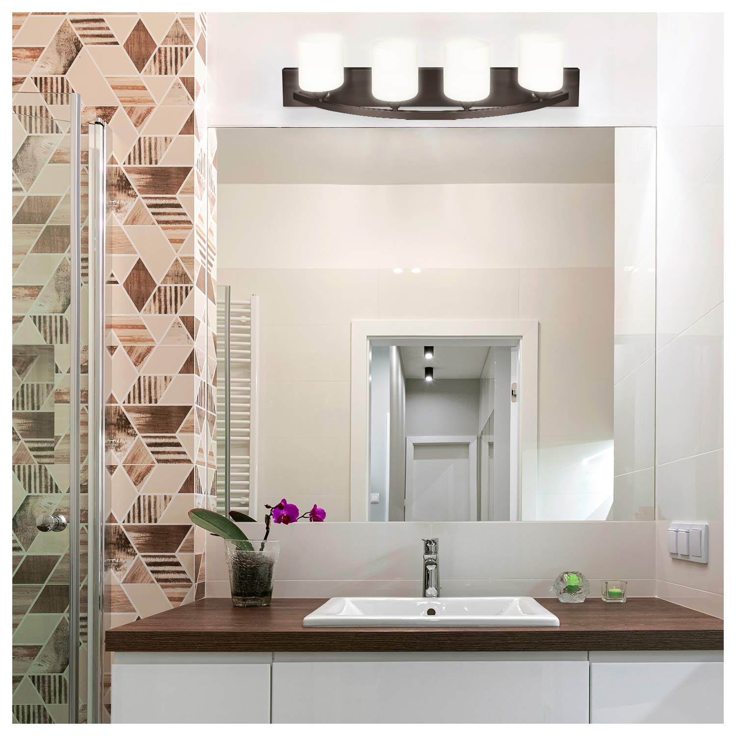 Modern Bathroom Vanity Light Fixture with Glass Globes - Brushed Nickel or Oil Rubbed Bronze Finish - 4-Light Wall Sconce for Bathroom Mirror Lighting - Perfect for Home, Hotel, and Spa Decor