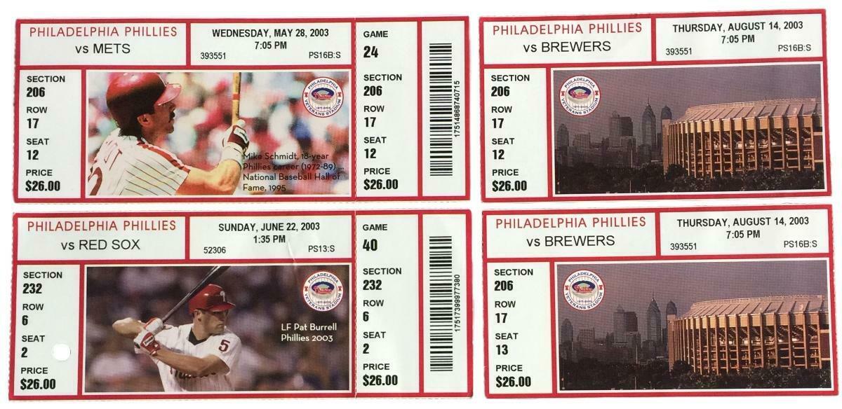 2003 Philadelphia Phillies Baseball Game Tickets - Lot of 4 - Authentic MLB Collectibles for Sports Fans & Memorabilia Collectors - Perfect for Game Day, Sports Decor, and Gift Giving