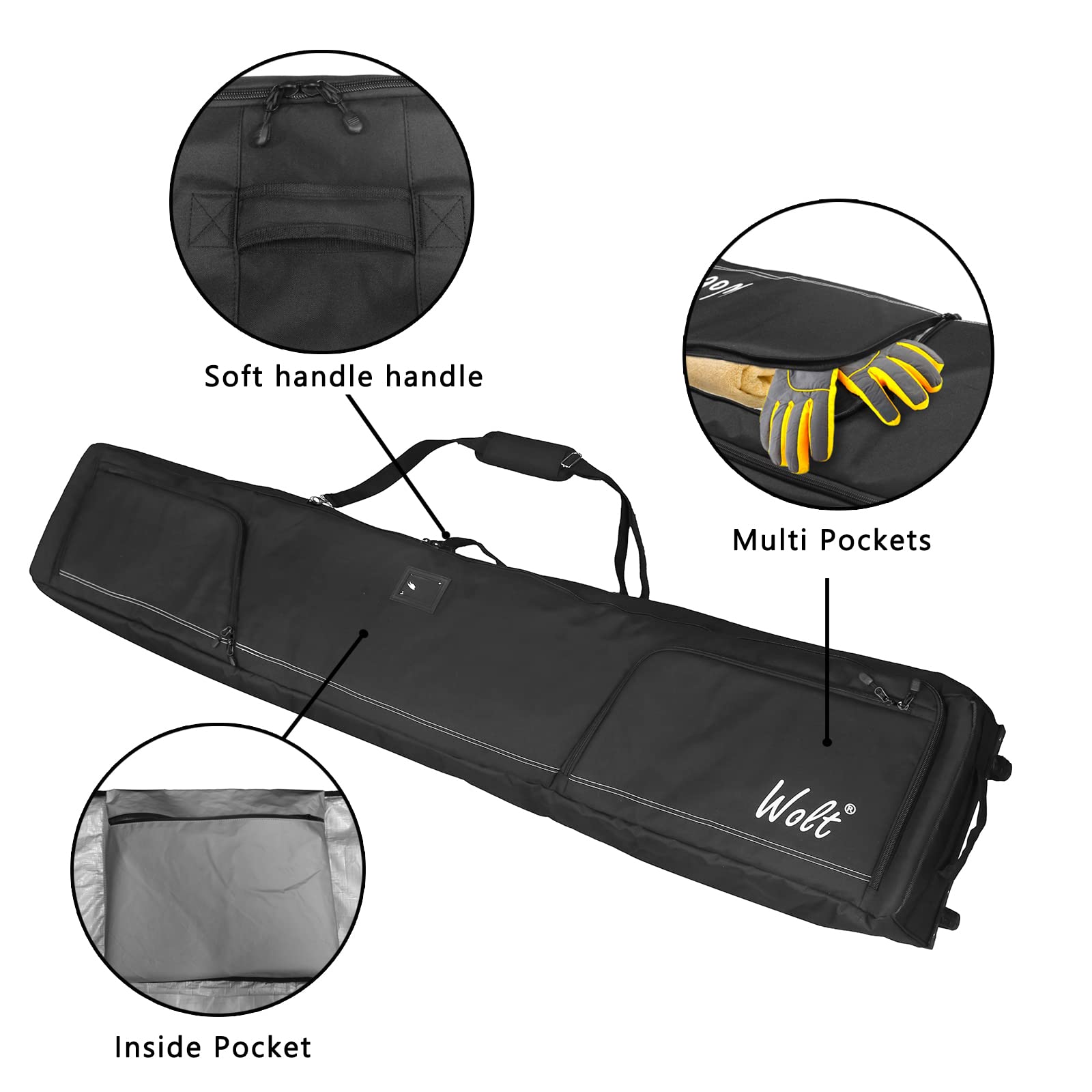 WOLT Rolling Ski Bag - Padded Snowboard Bag with Wheels for Air Travel, Fits 2 Pairs of Skis (175cm-190cm) - Perfect for Winter Vacations & Mountain Resorts